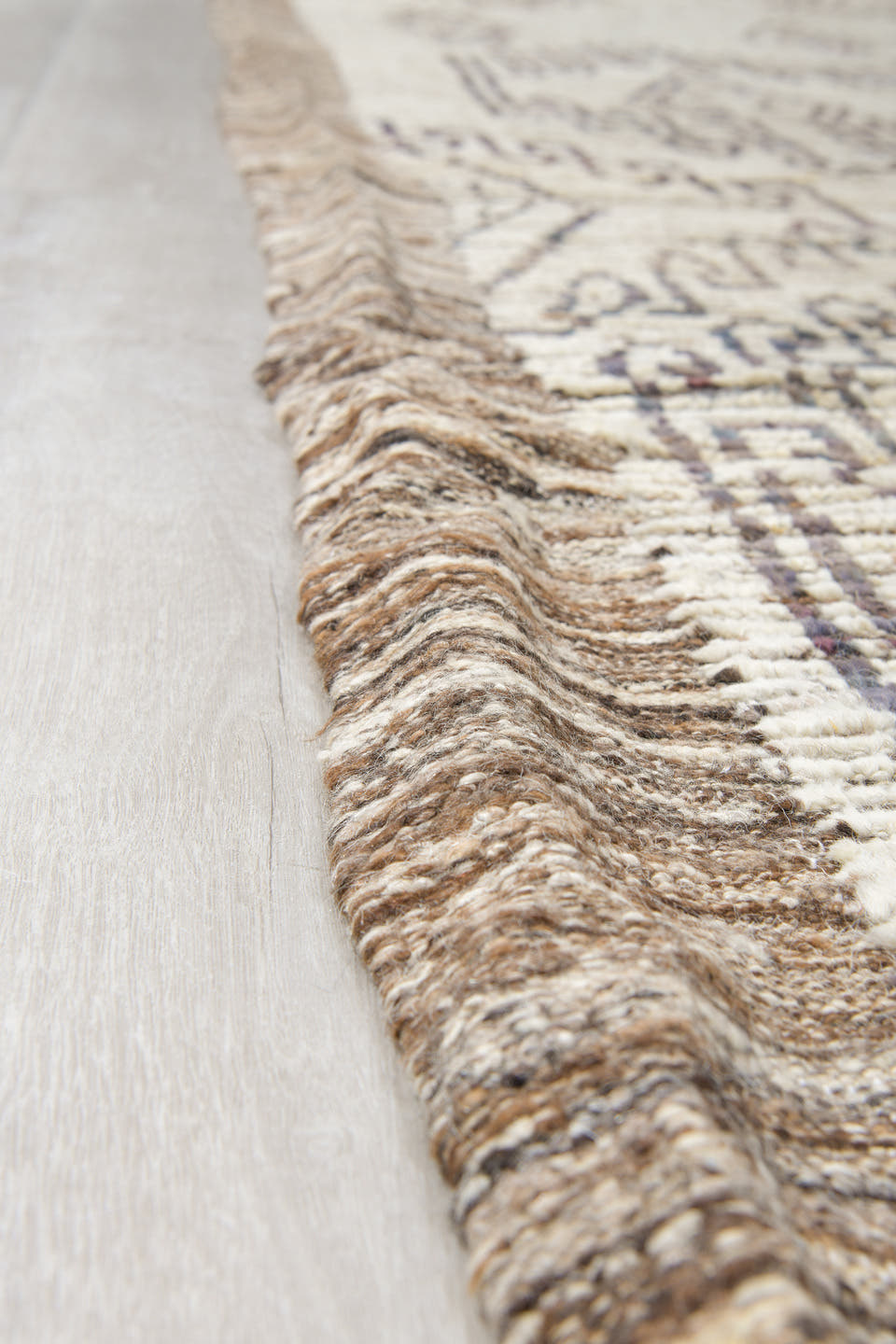 9' x 14' one-of-a-kind handmade vintage Tulu large size rug. Color palette: ivory, brown, taupe, charcoal, muted blue, rust