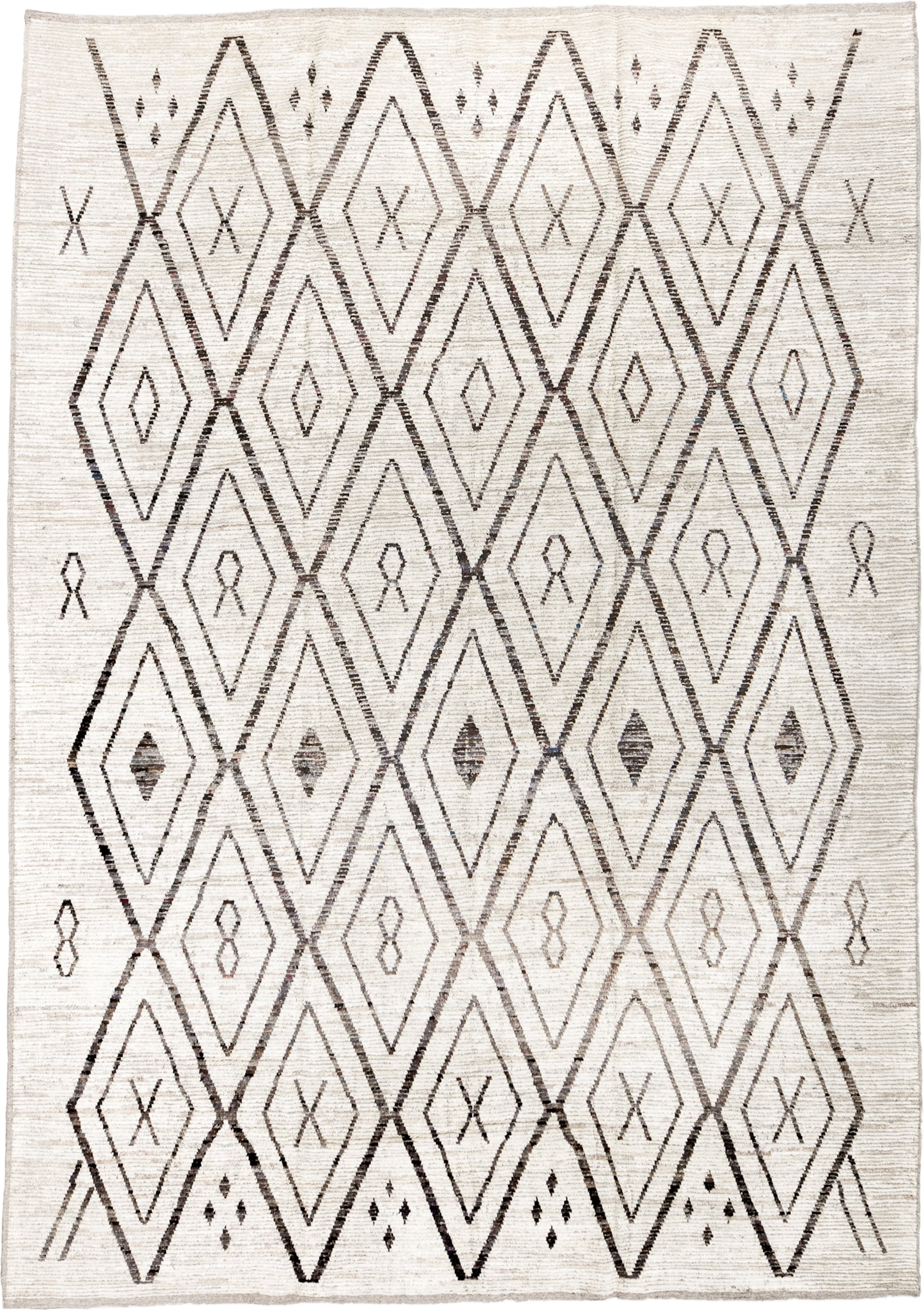 10' x 14' one-of-a-kind handmade vintage Tulu large size rug. Color palette: ivory, charcoal, taupe, brown, gray, black