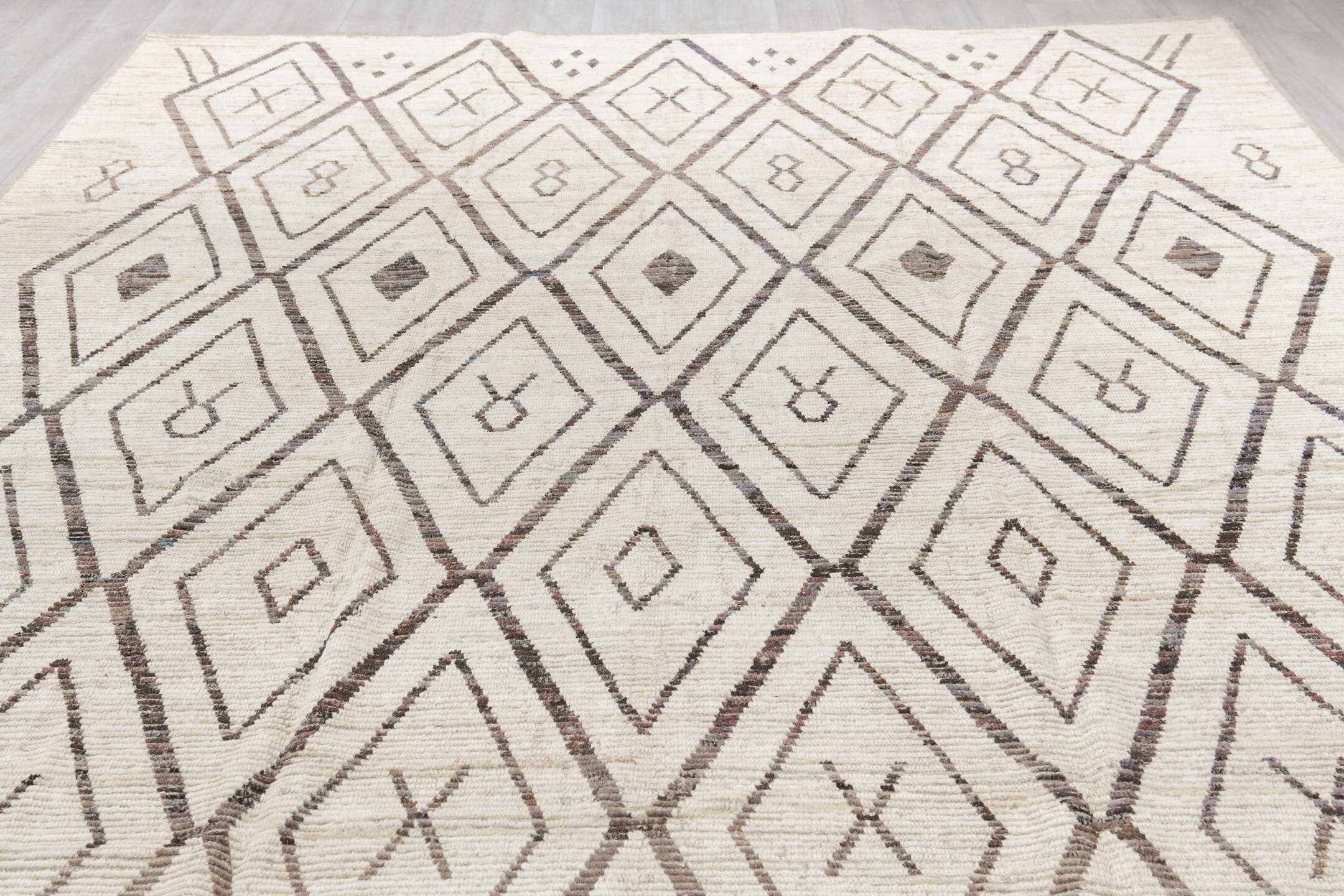 10' x 14' one-of-a-kind handmade vintage Tulu large size rug. Color palette: floral white, gainsboro, gray, light gray