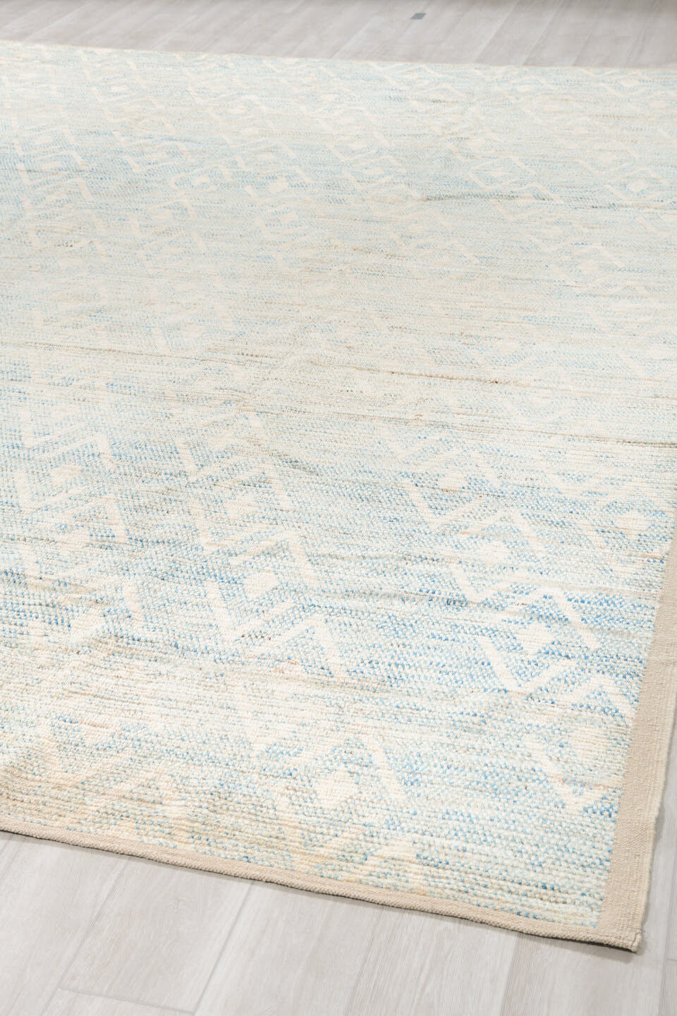 10' x 13' one-of-a-kind handmade vintage Tulu large size rug. Color palette: ivory, pale blue, cream, beige, taupe