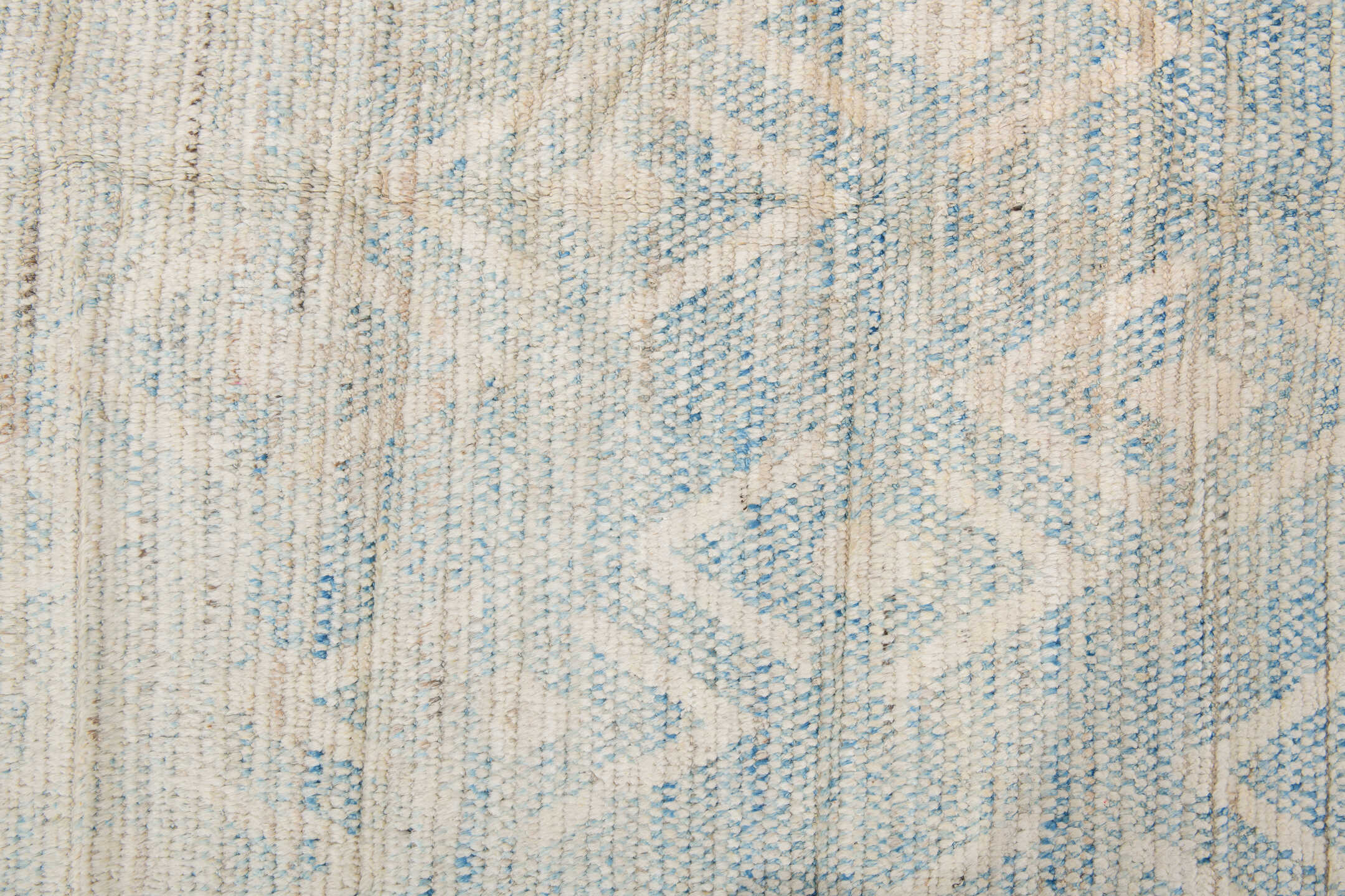 10' x 13' one-of-a-kind handmade vintage Tulu large size rug. Color palette: ivory, pale blue, cream, beige, taupe