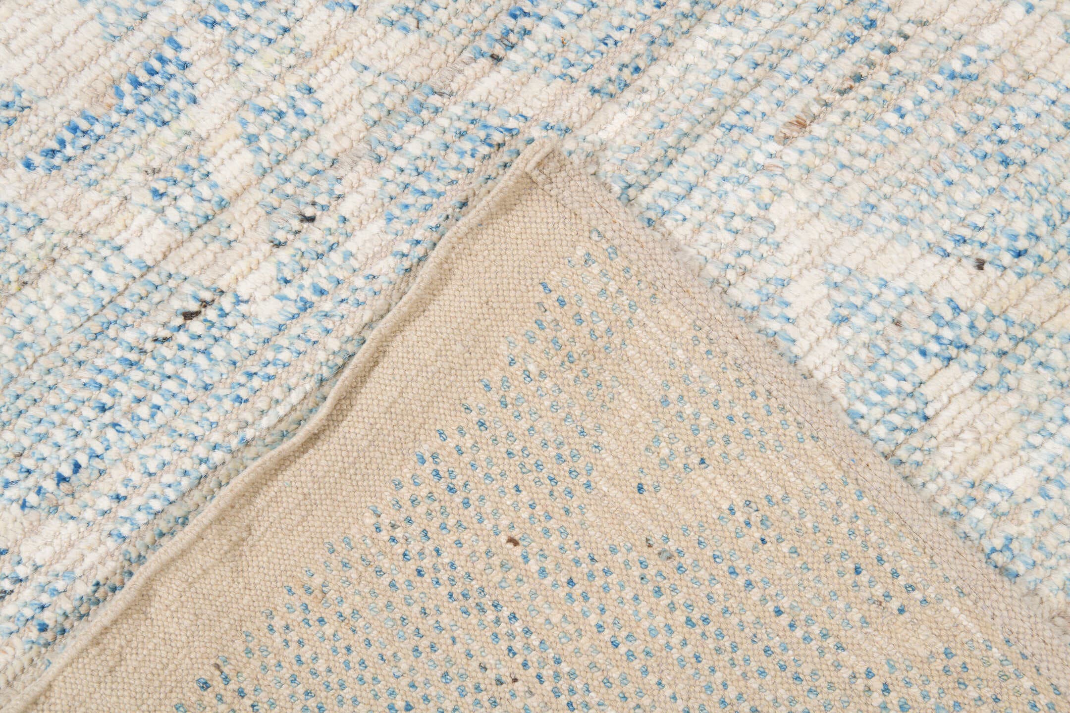 10' x 13' one-of-a-kind handmade vintage Tulu large size rug. Color palette: ivory, pale blue, cream, beige, taupe