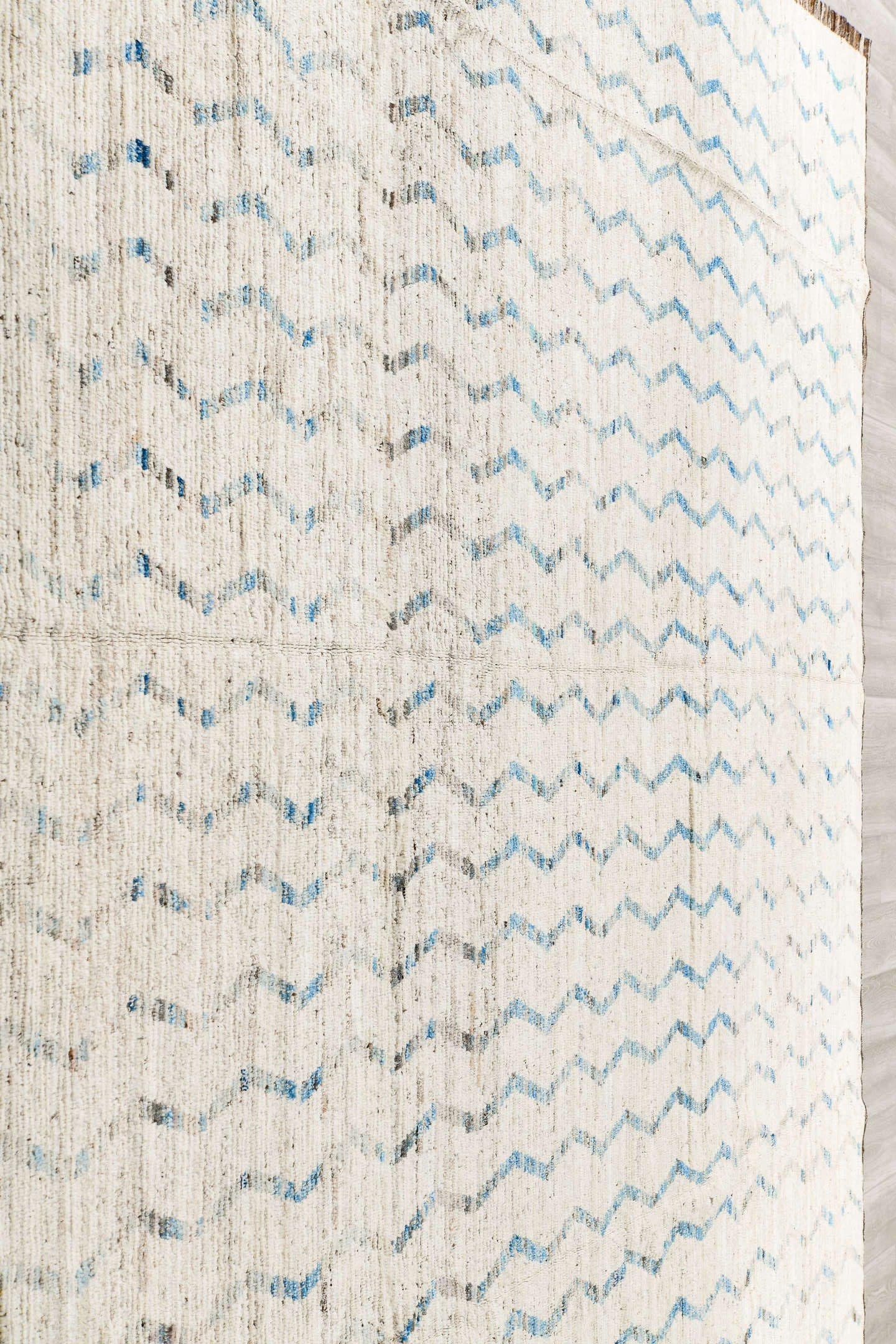12' x 12' one-of-a-kind handmade vintage Tulu oversize rug. Color palette: ivory, pale blue, taupe, brown, light blue, beige