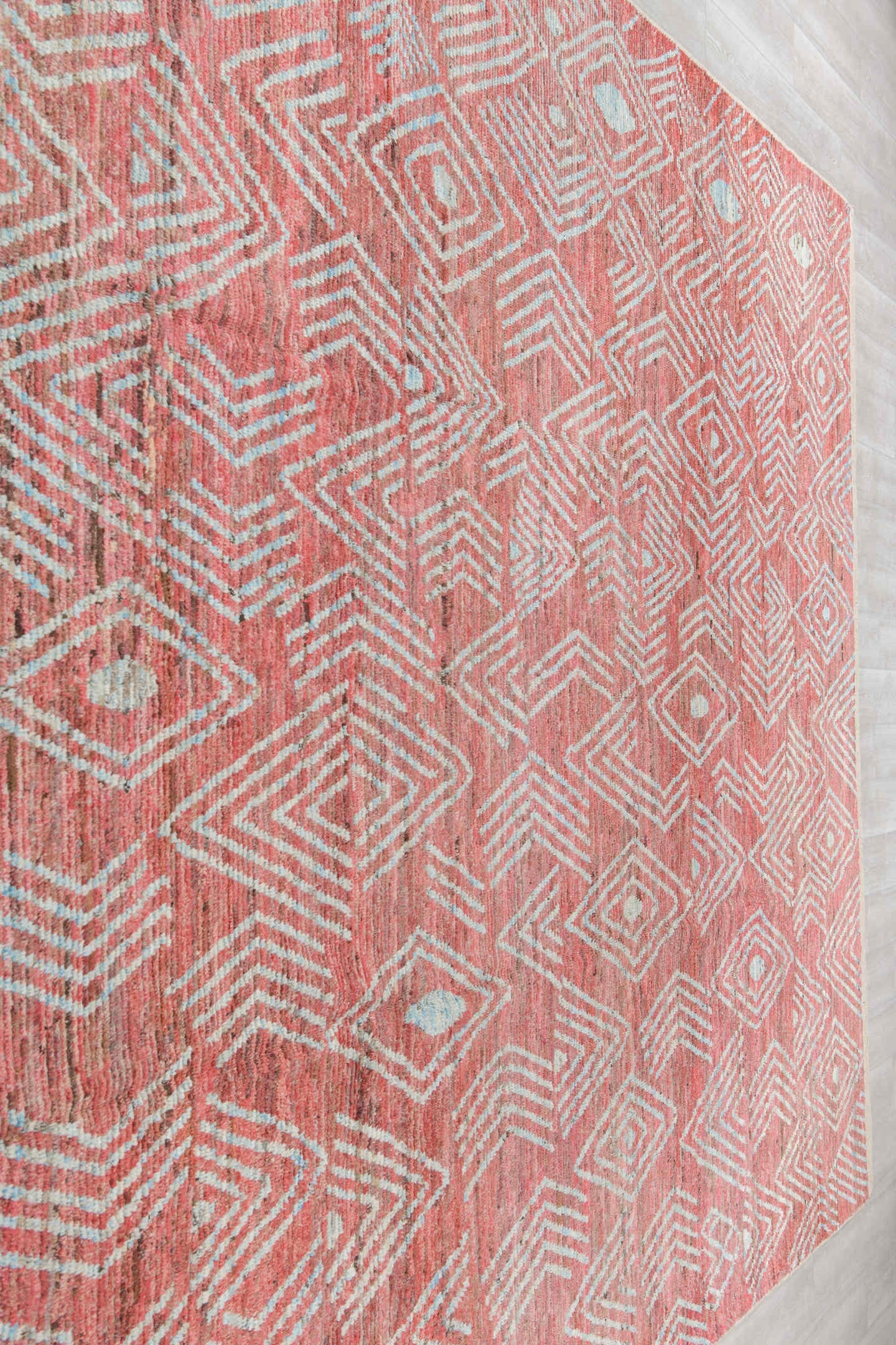 10' x 14' one-of-a-kind handmade vintage Tulu large size rug. Color palette: coral, ivory, rose, terra cotta, blush, taupe
