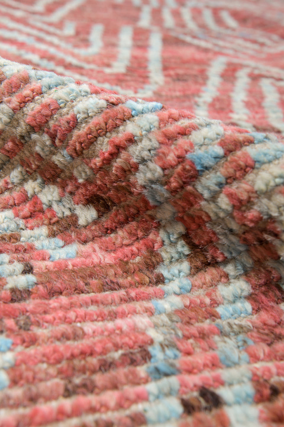 10' x 14' one-of-a-kind handmade vintage Tulu large size rug. Color palette: coral, ivory, rose, terra cotta, blush, taupe