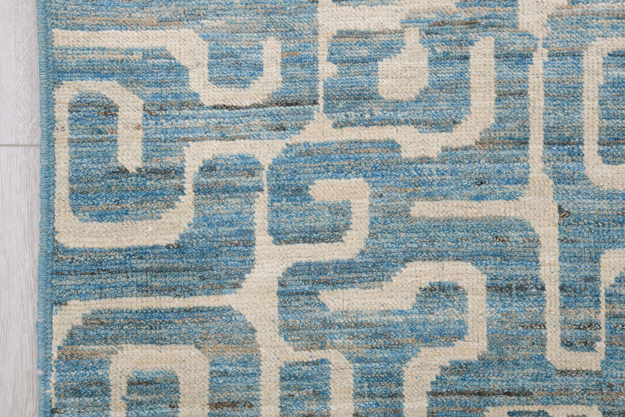 9' x 11' one-of-a-kind handmade vintage Tulu large size rug. Color palette: ivory, sky blue, pale blue, cream, light blue