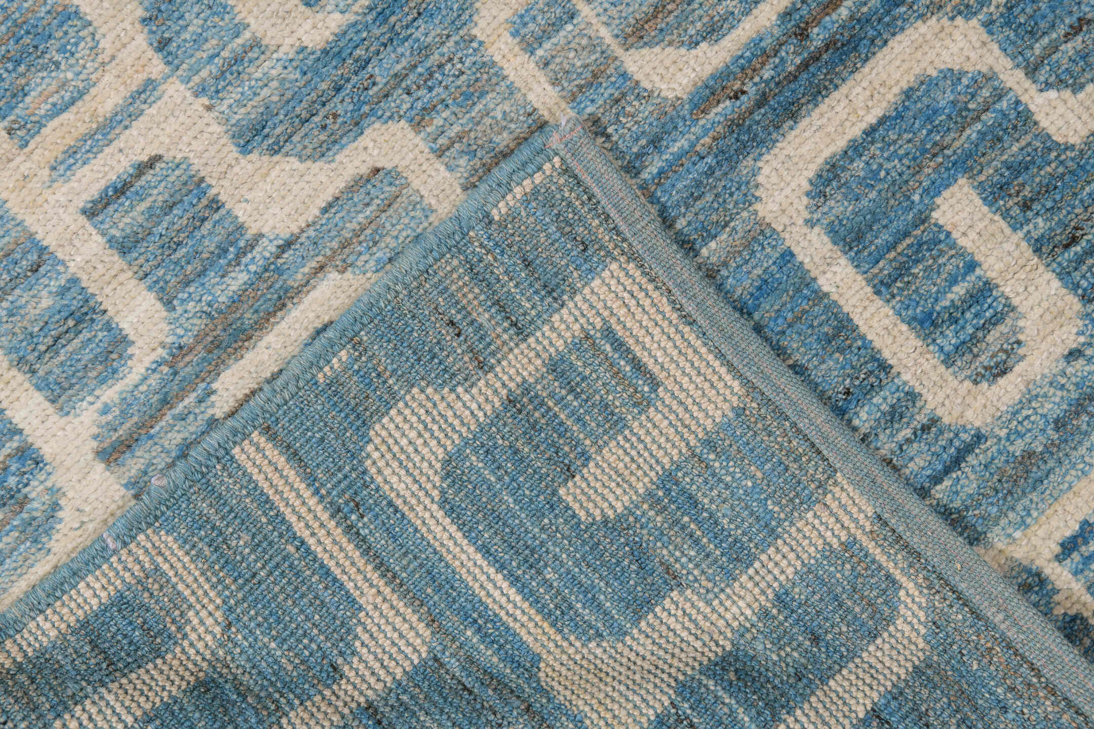 9' x 11' one-of-a-kind handmade vintage Tulu large size rug. Color palette: ivory, sky blue, pale blue, cream, light blue