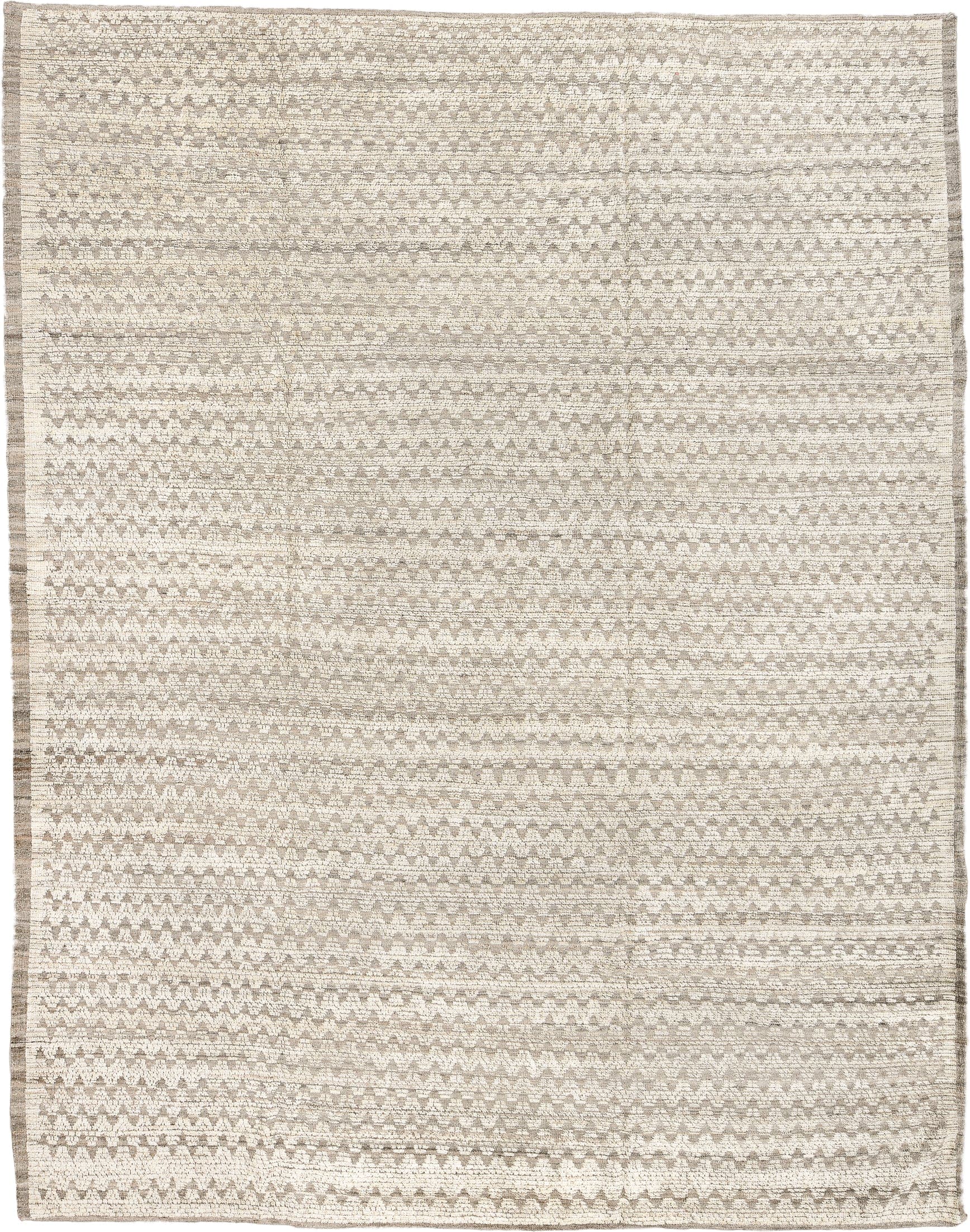 9' x 12' one-of-a-kind handmade vintage Tulu large size rug. Color palette: ivory, taupe, beige, cream, stone, gray