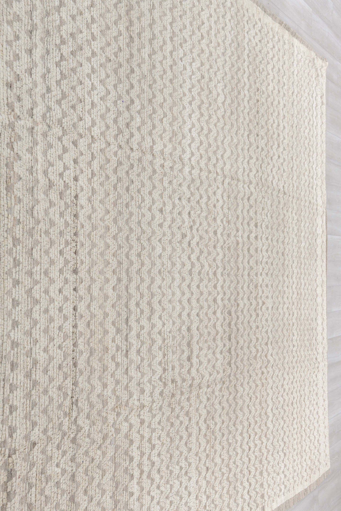 9' x 12' one-of-a-kind handmade vintage Tulu large size rug. Color palette: ivory, taupe, beige, cream, stone, gray