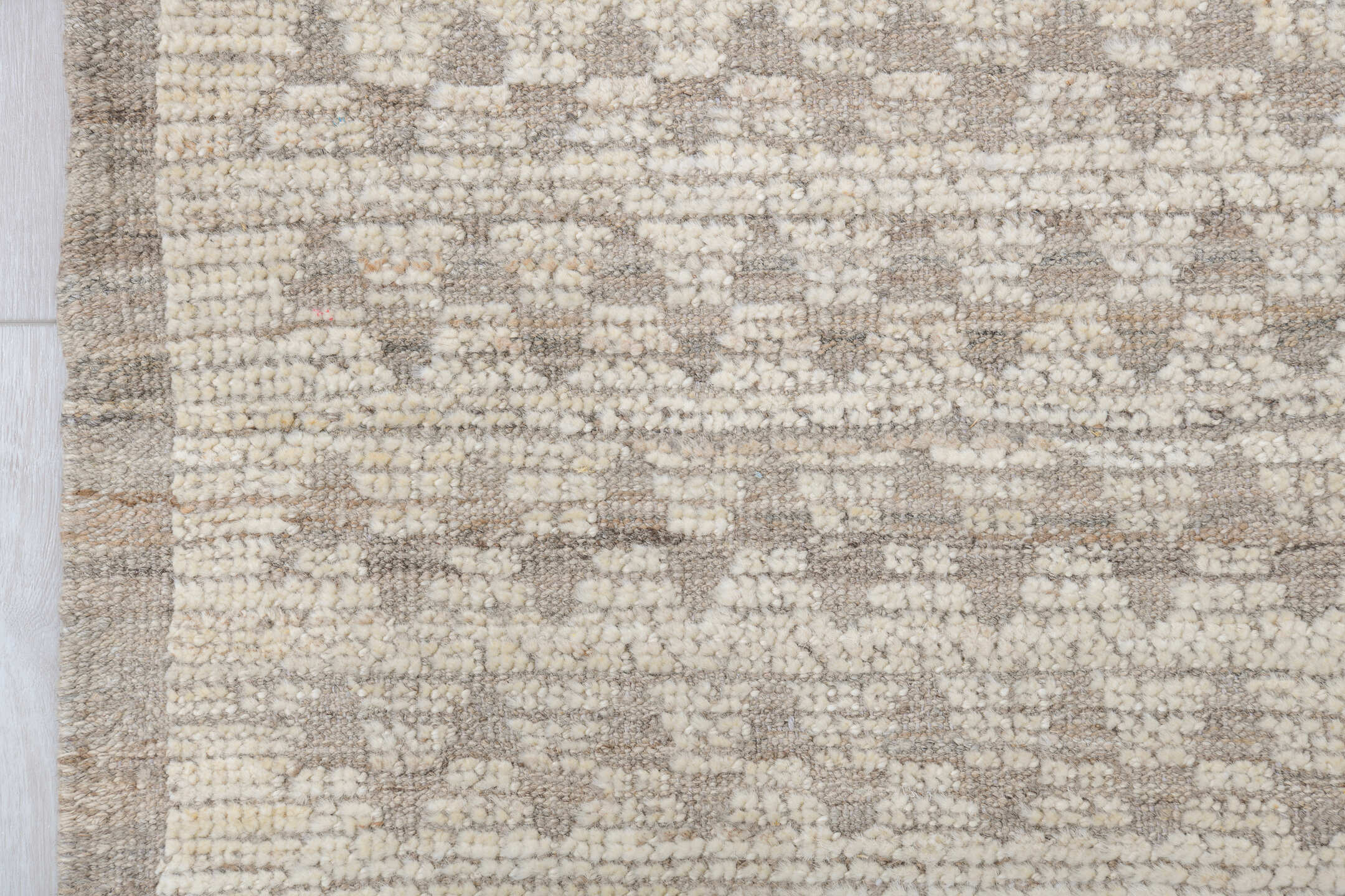 9' x 12' one-of-a-kind handmade vintage Tulu large size rug. Color palette: ivory, taupe, beige, cream, stone, gray