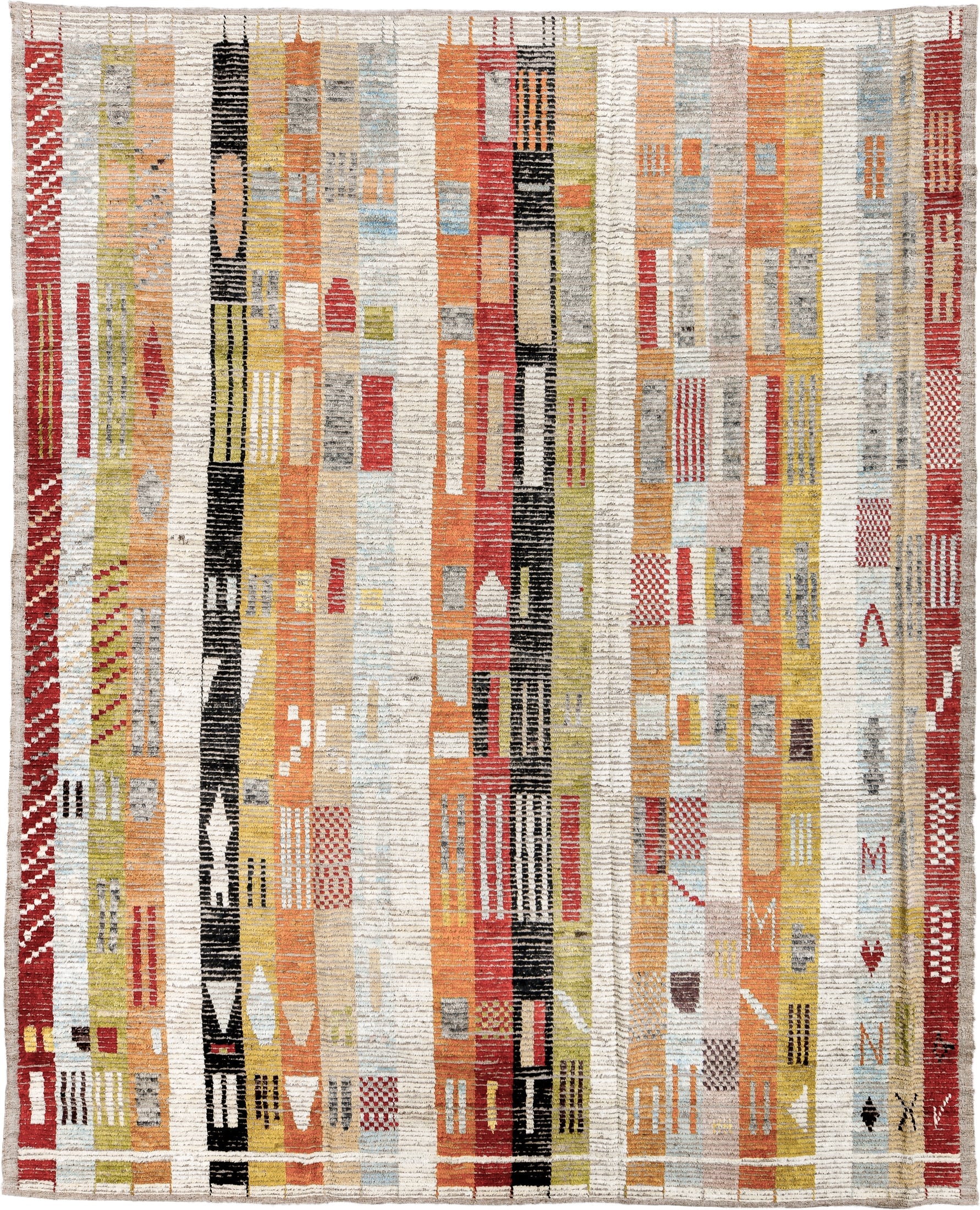 10' x 13' one-of-a-kind handmade vintage Tulu oversize rug. Color palette: ivory, rust, saffron, charcoal, pale blue, sage
