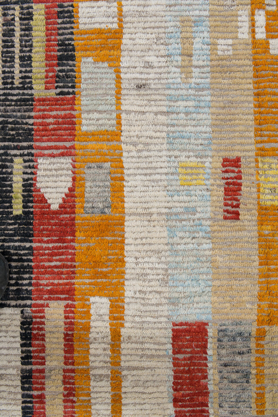 10' x 13' one-of-a-kind handmade vintage Tulu oversize rug. Color palette: ivory, rust, saffron, charcoal, pale blue, sage