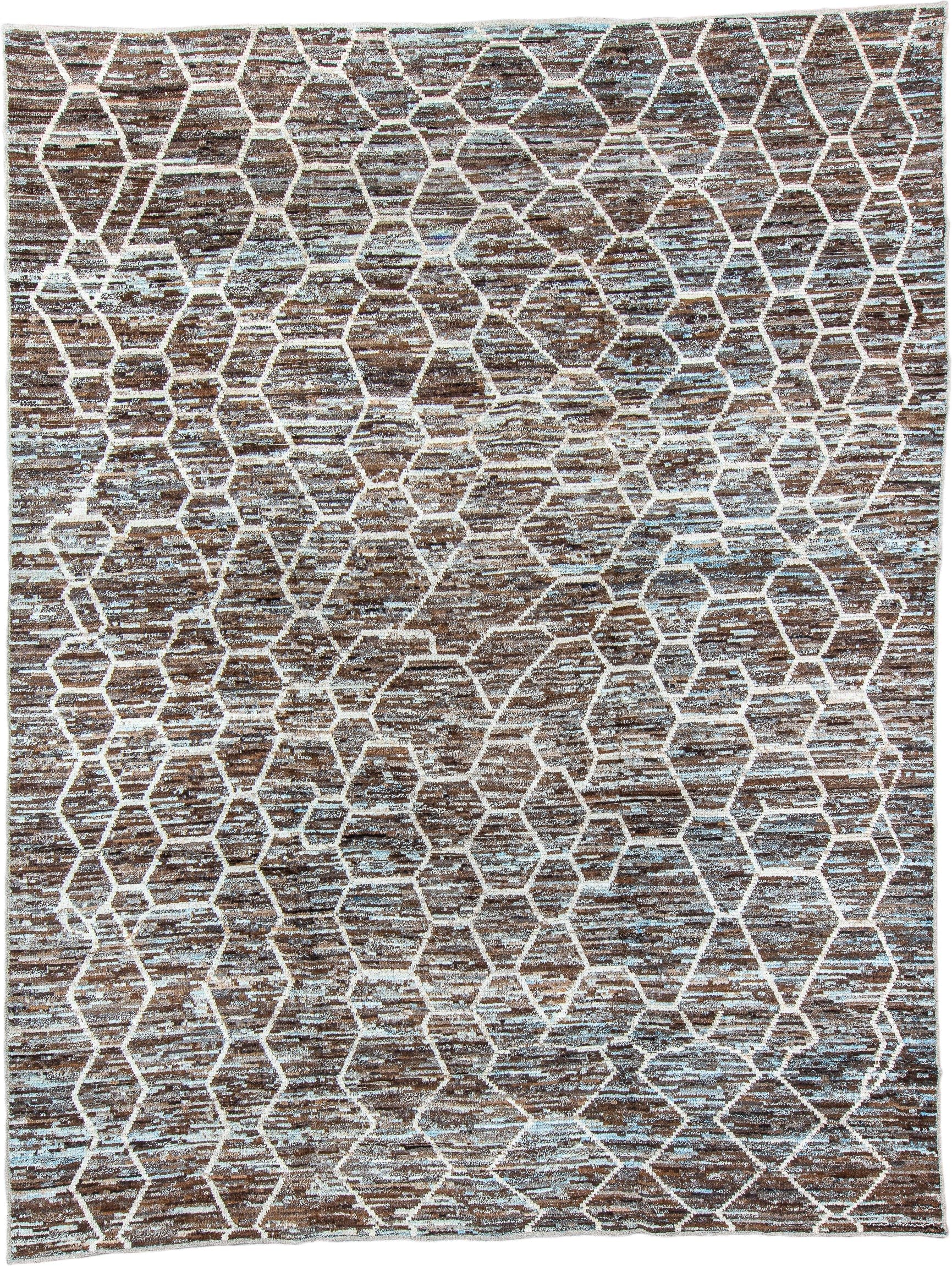 10' x 13' one-of-a-kind handmade vintage Tulu large size rug. Color palette: brown, ivory, taupe, pale_blue, beige, gray