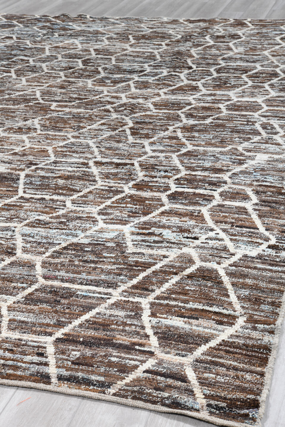 10' x 13' one-of-a-kind handmade vintage Tulu large size rug. Color palette: brown, ivory, taupe, pale_blue, beige, gray