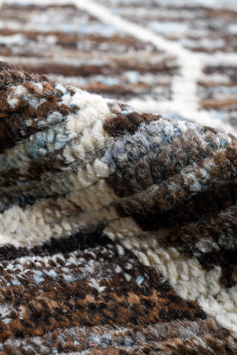 10' x 13' one-of-a-kind handmade vintage Tulu large size rug. Color palette: brown, ivory, taupe, pale_blue, beige, gray