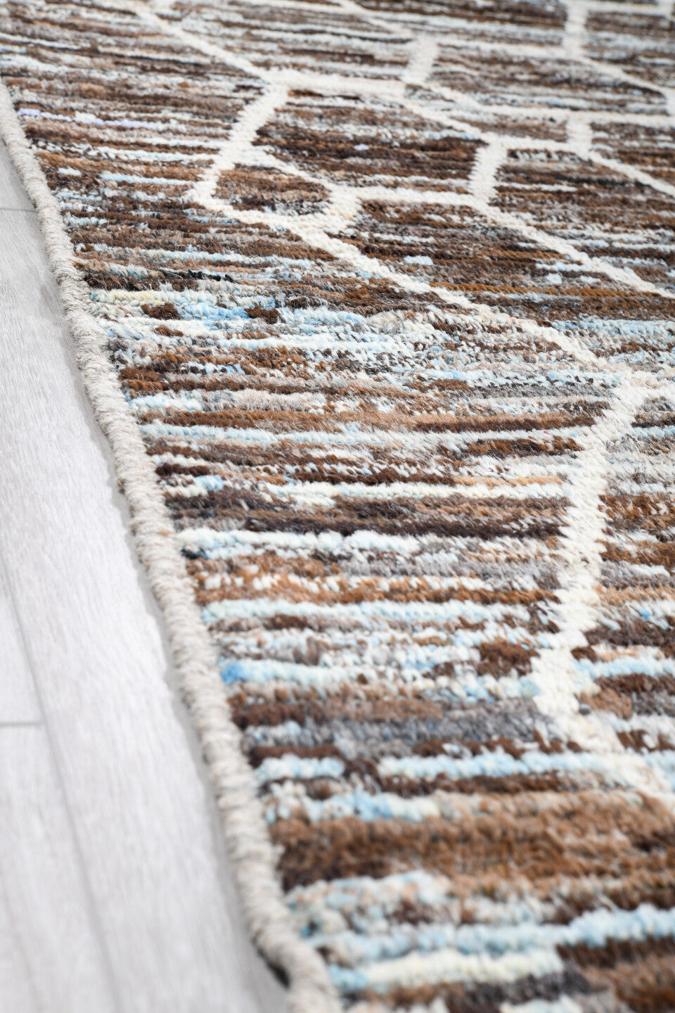 10' x 13' one-of-a-kind handmade vintage Tulu large size rug. Color palette: brown, ivory, taupe, pale_blue, beige, gray