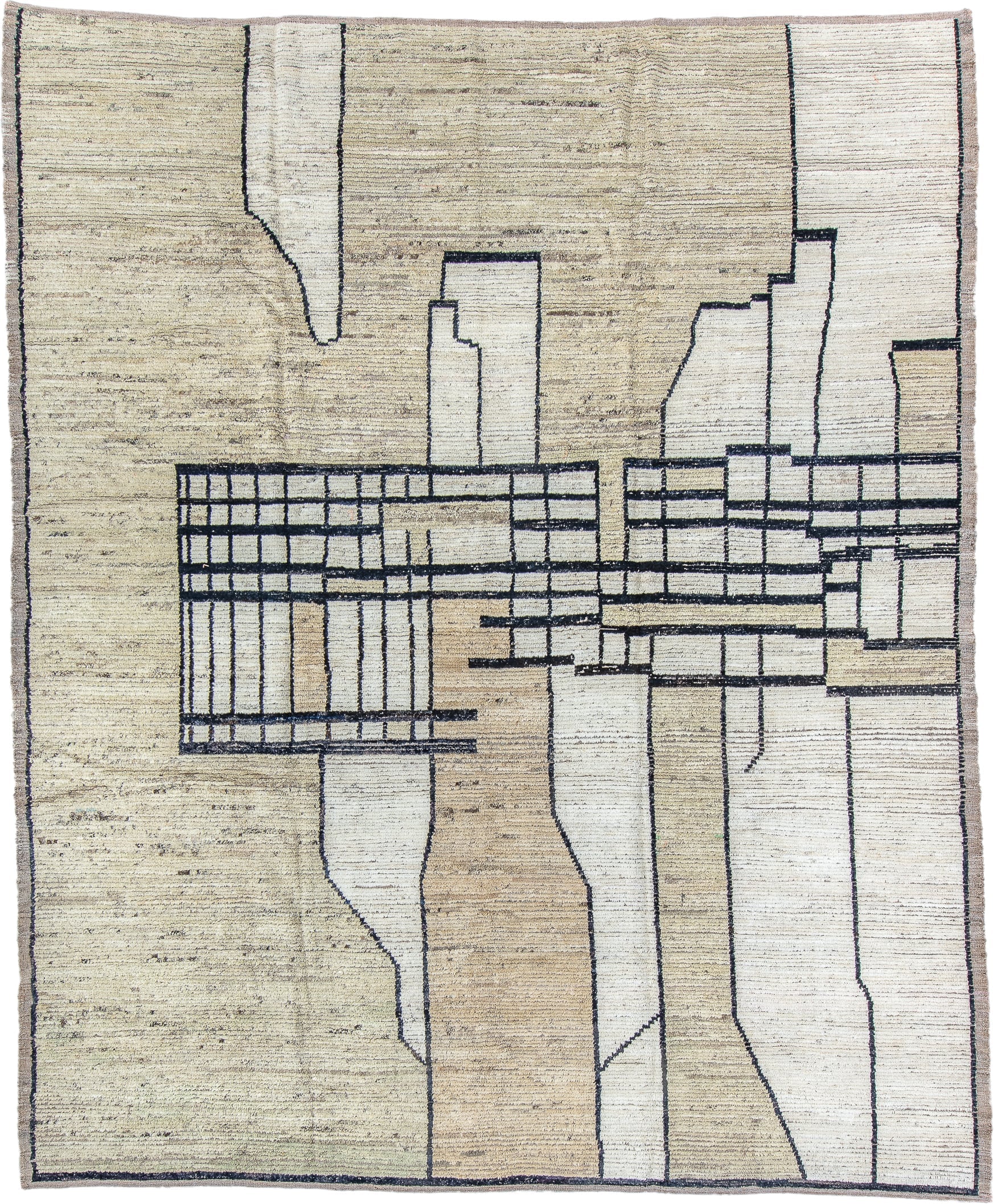 9' x 11' one-of-a-kind handmade vintage Tulu large size rug. Color palette: ivory, cream, charcoal, taupe, beige, black