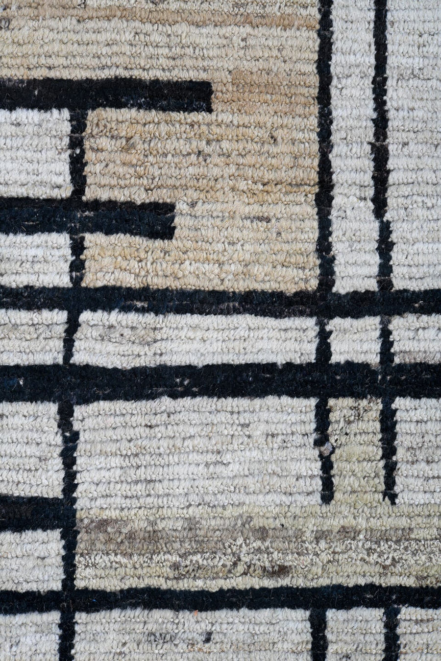 9' x 11' one-of-a-kind handmade vintage Tulu large size rug. Color palette: ivory, cream, charcoal, taupe, beige, black