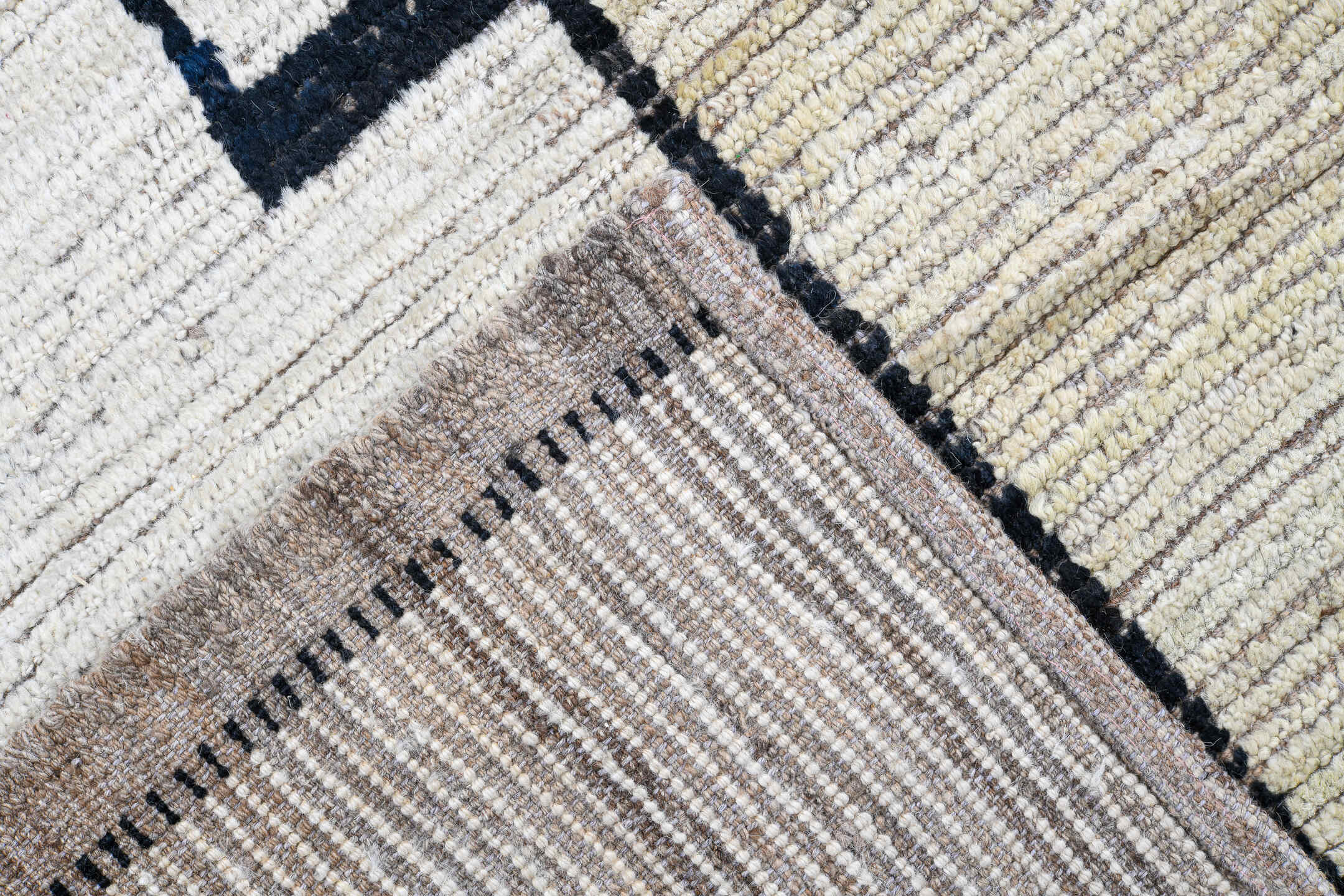 9' x 11' one-of-a-kind handmade vintage Tulu large size rug. Color palette: ivory, cream, charcoal, taupe, beige, black