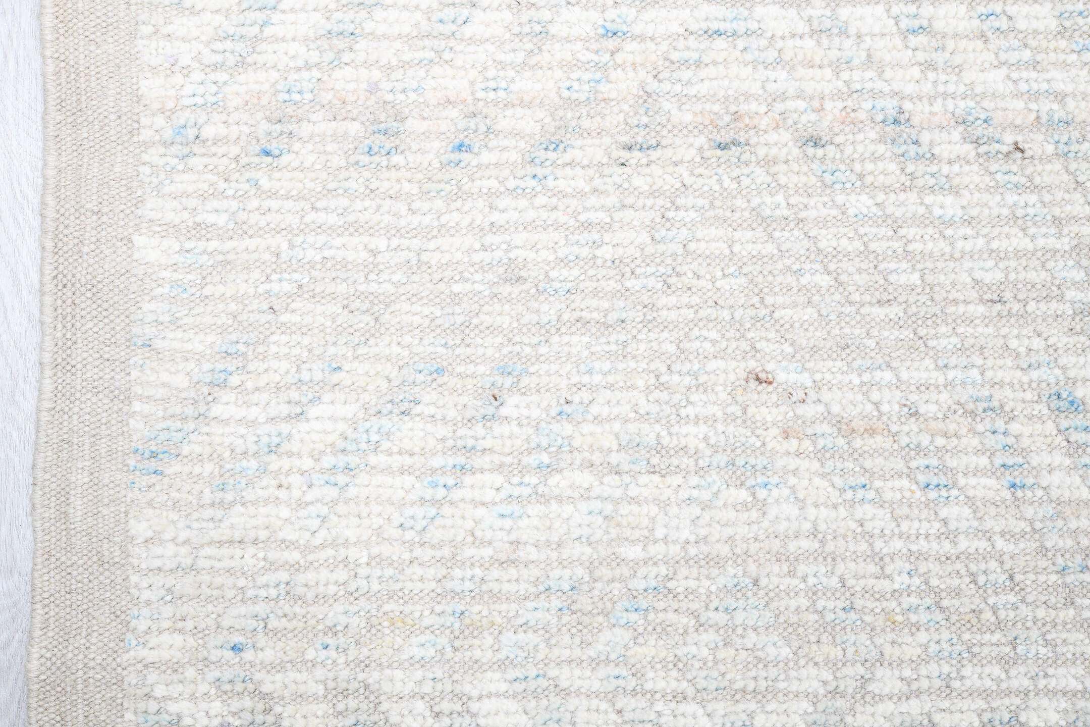 13' x 16' one-of-a-kind handmade vintage Tulu oversize rug. Color palette: ivory, pale blue, cream, taupe, light gray