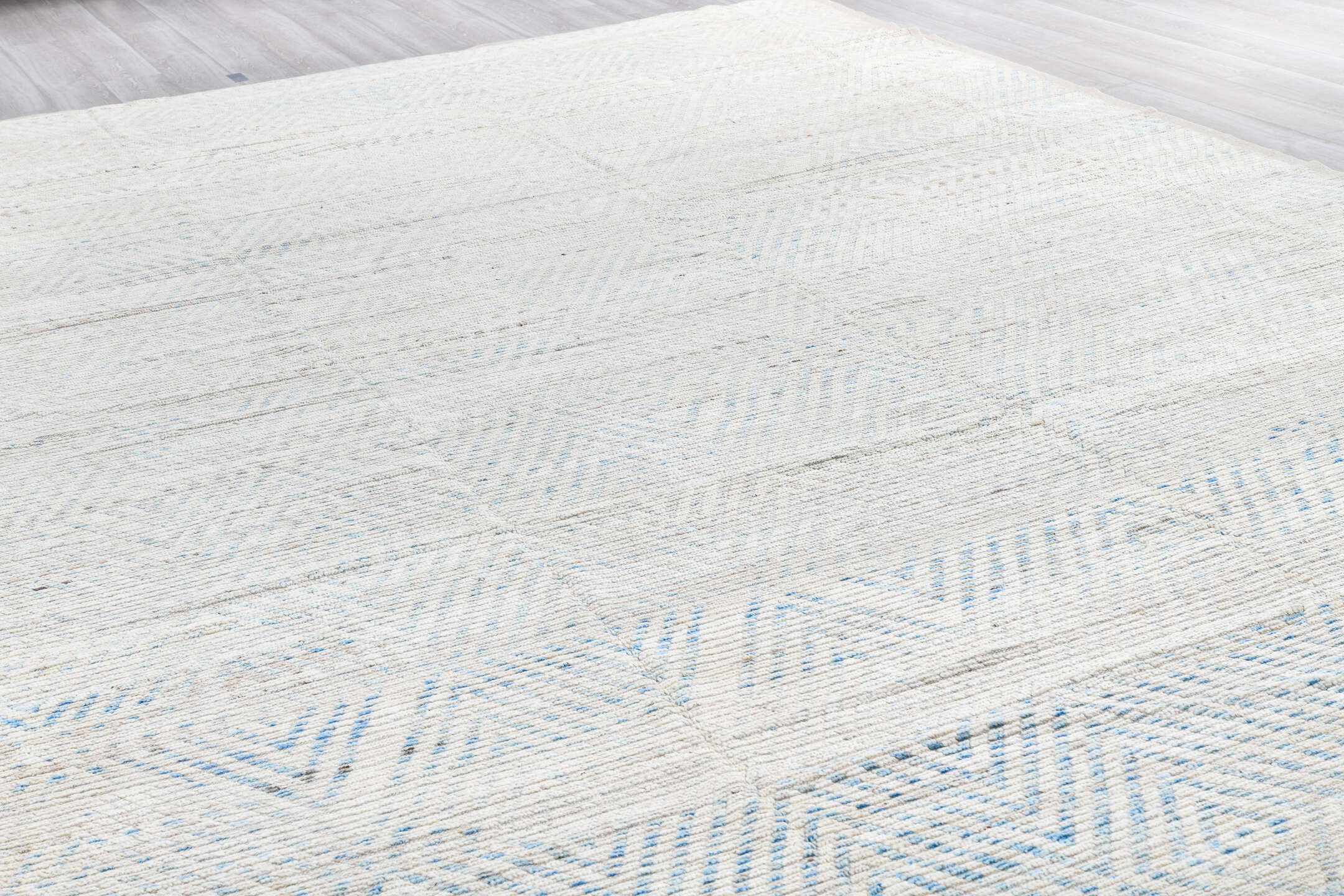 13' x 16' one-of-a-kind handmade vintage Tulu oversize rug. Color palette: ivory, pale blue, cream, taupe, light gray