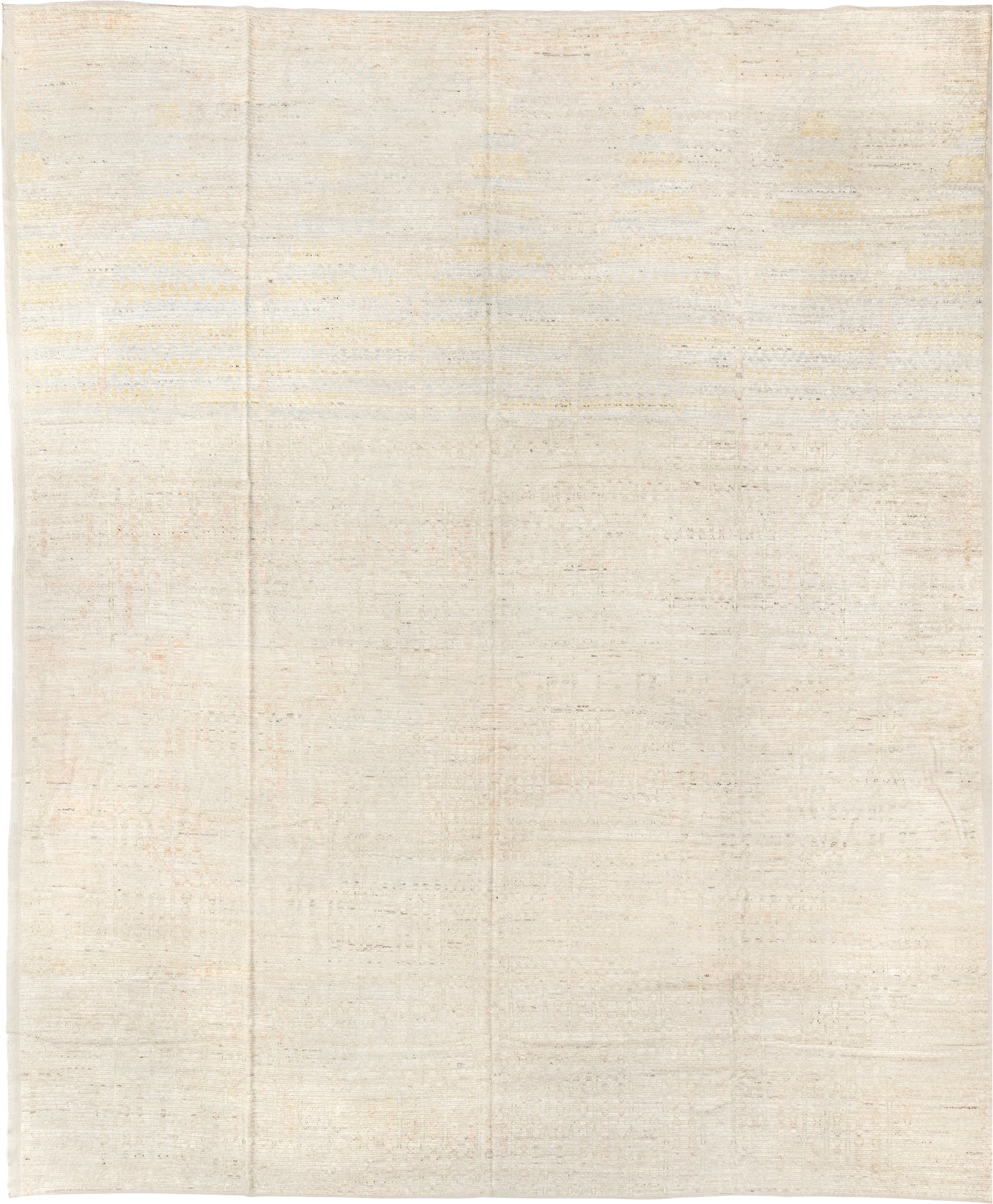 13' x 16' one-of-a-kind handmade vintage Tulu oversize rug. Color palette: ivory, cream, pale gold, beige, taupe, gold, gray