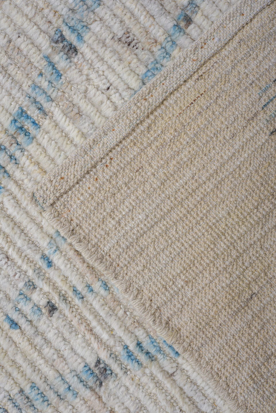 9' x 14' one-of-a-kind handmade vintage Tulu large size rug. Color palette: ivory, sky blue, taupe, light gray, light blue