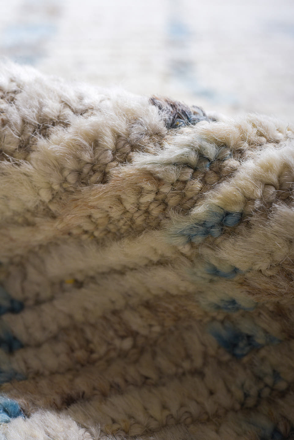 9' x 14' one-of-a-kind handmade vintage Tulu large size rug. Color palette: ivory, sky blue, taupe, light gray, light blue