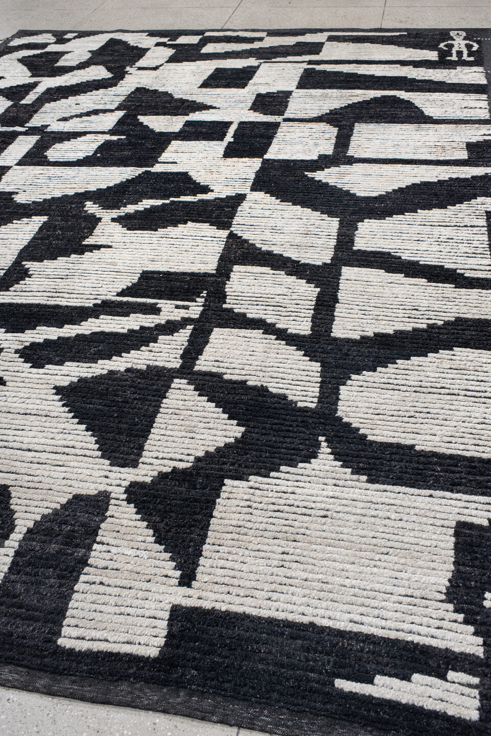 9' x 12' one-of-a-kind handmade vintage Tulu large size rug. Color palette: charcoal, ivory, gray, black