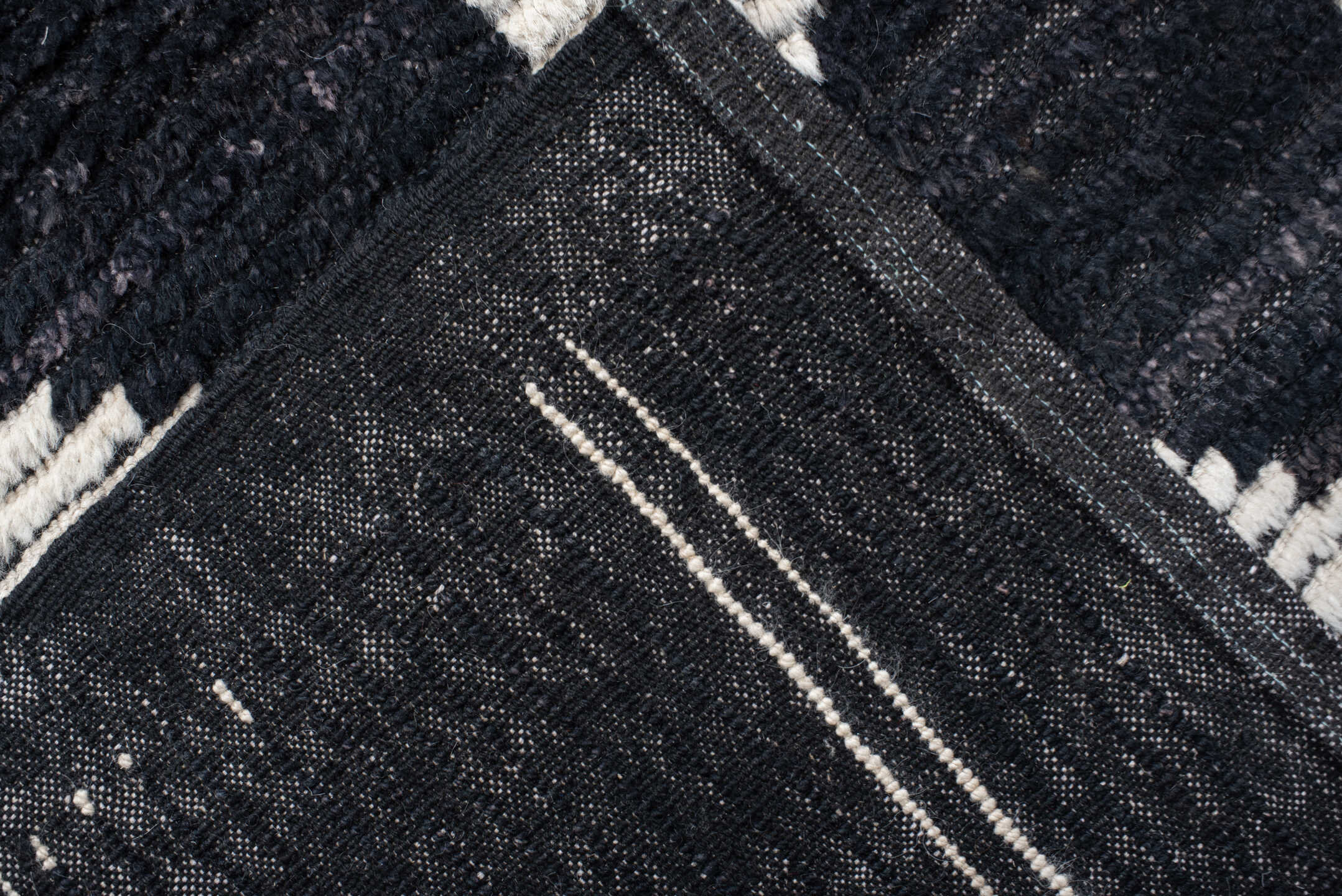 9' x 12' one-of-a-kind handmade vintage Tulu large size rug. Color palette: charcoal, ivory, gray, black