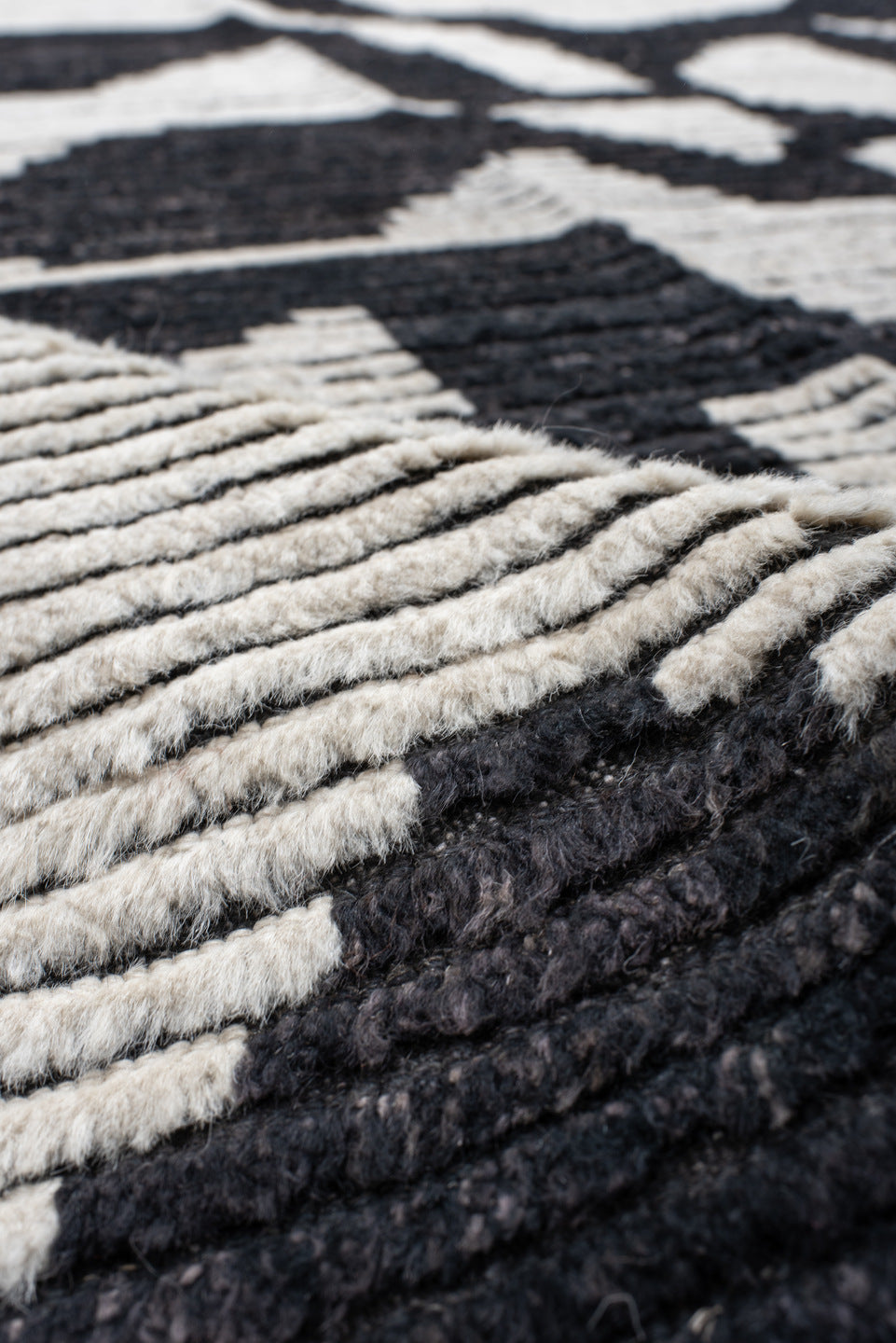 9' x 12' one-of-a-kind handmade vintage Tulu large size rug. Color palette: black, blue, charcoal, dark gray, dim gray