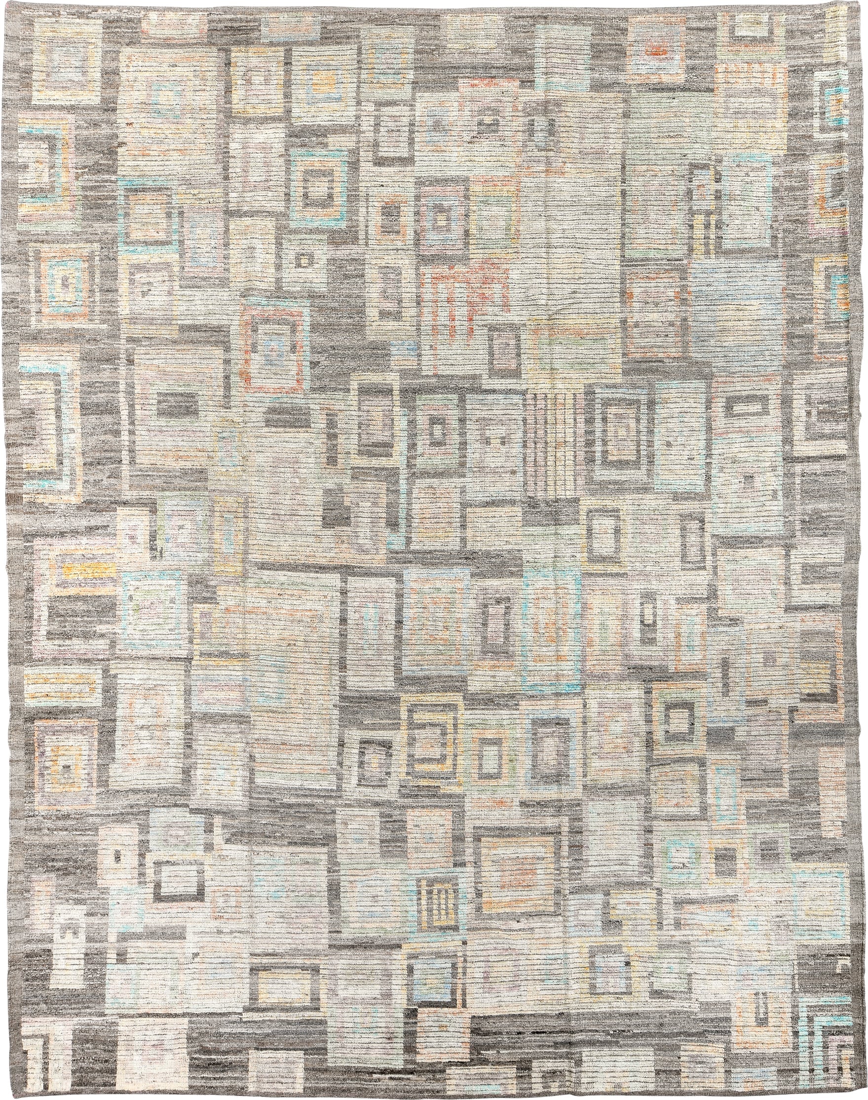 9' x 12' one-of-a-kind handmade vintage Tulu large size rug. Color palette: ivory, taupe, charcoal, pale aqua, saffron