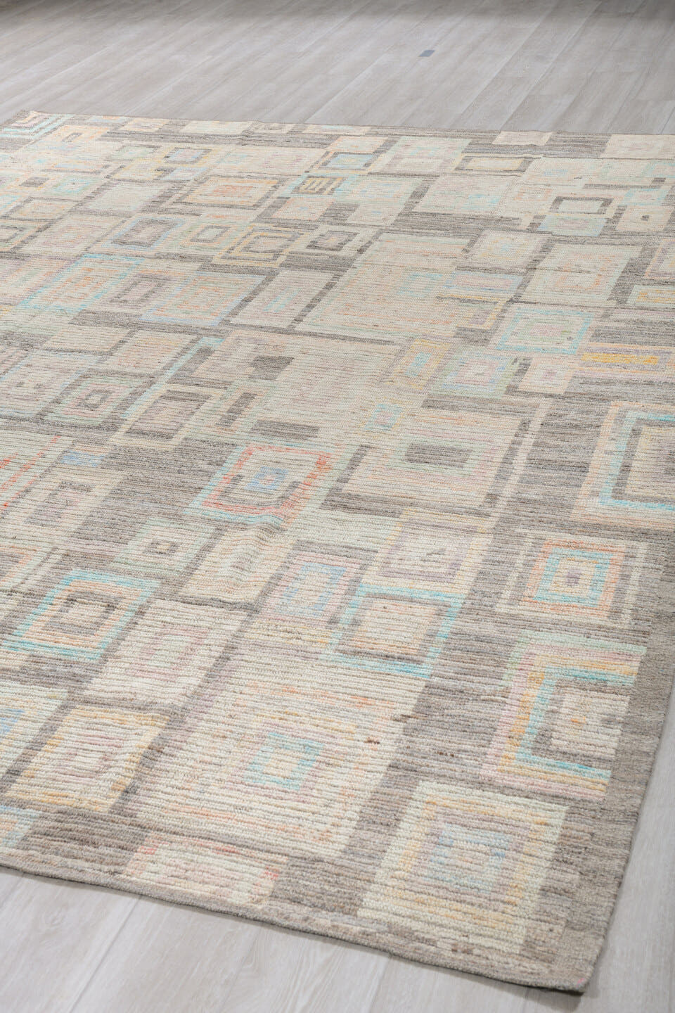 9' x 12' one-of-a-kind handmade vintage Tulu large size rug. Color palette: ivory, taupe, charcoal, pale aqua, saffron