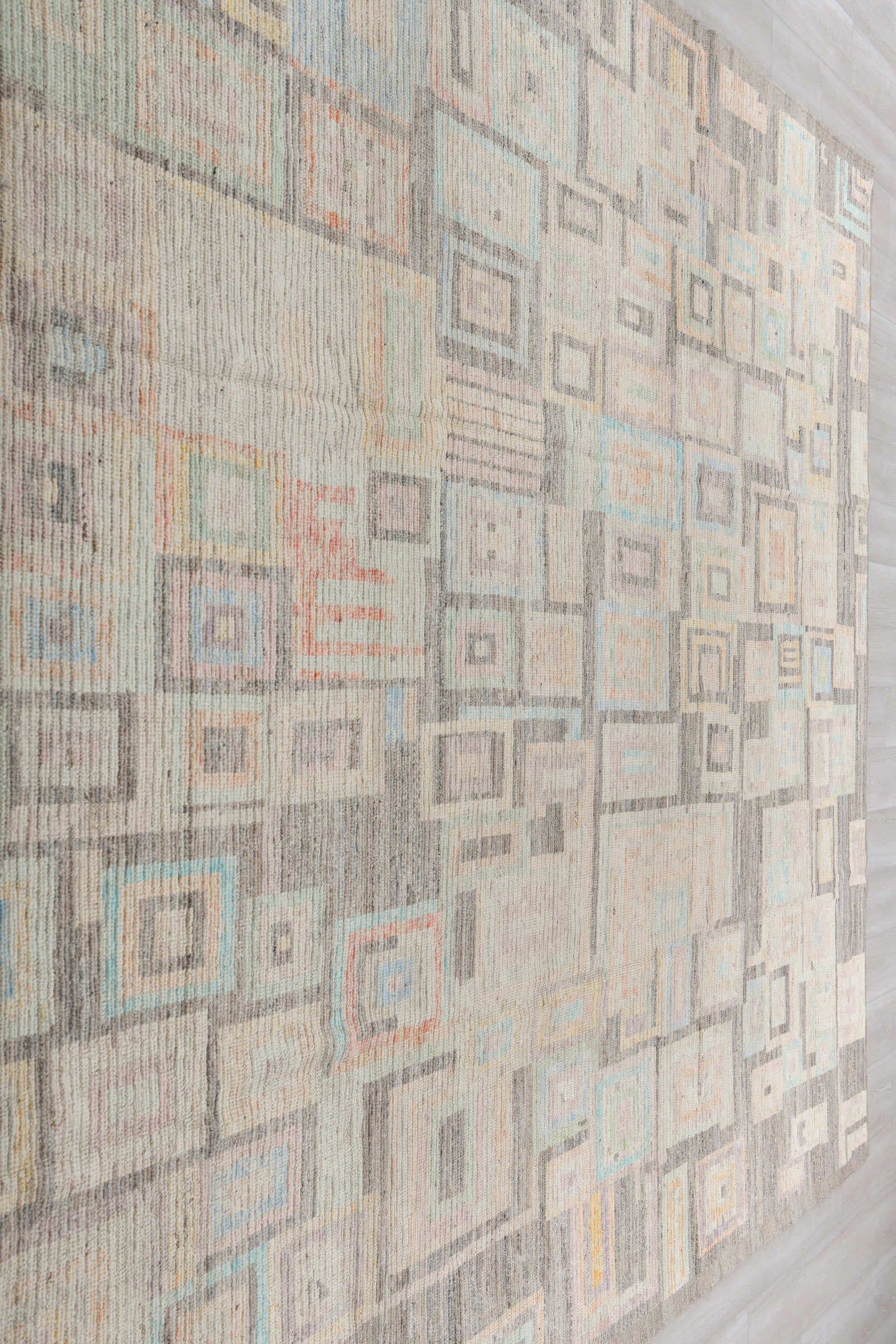 9' x 12' one-of-a-kind handmade vintage Tulu large size rug. Color palette: ivory, taupe, charcoal, pale aqua, saffron