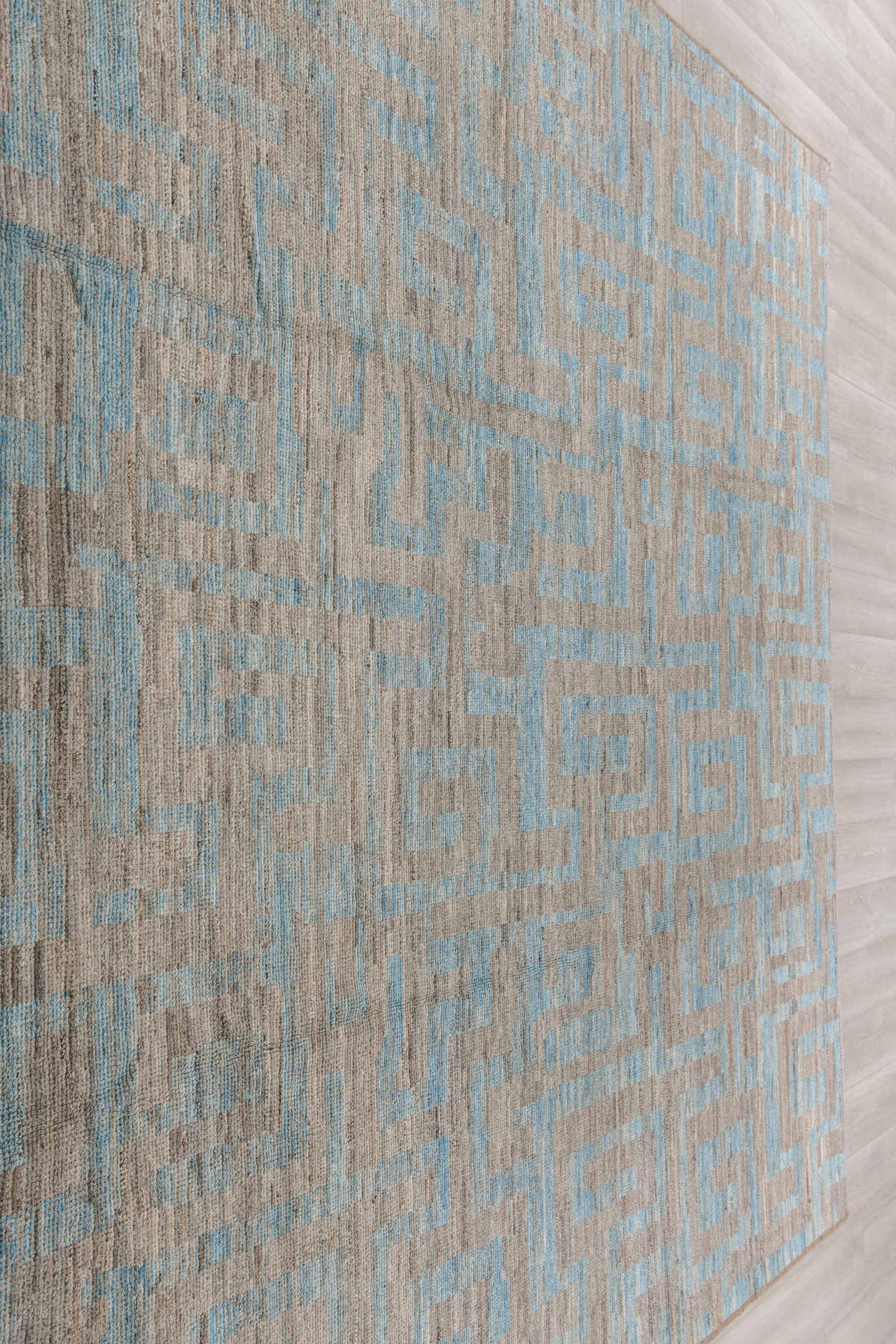 9' x 12' one-of-a-kind handmade vintage Tulu large size rug. Color palette: taupe, sky blue, gray, ivory, beige, light blue