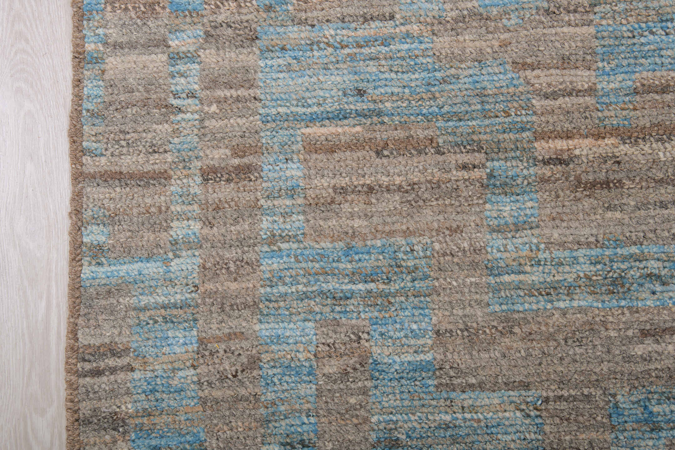 9' x 12' one-of-a-kind handmade vintage Tulu large size rug. Color palette: taupe, sky blue, gray, ivory, beige, light blue