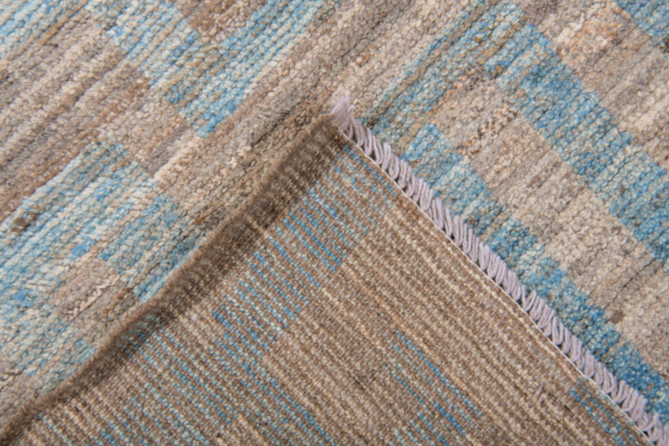 9' x 12' one-of-a-kind handmade vintage Tulu large size rug. Color palette: taupe, sky blue, gray, ivory, beige, light blue