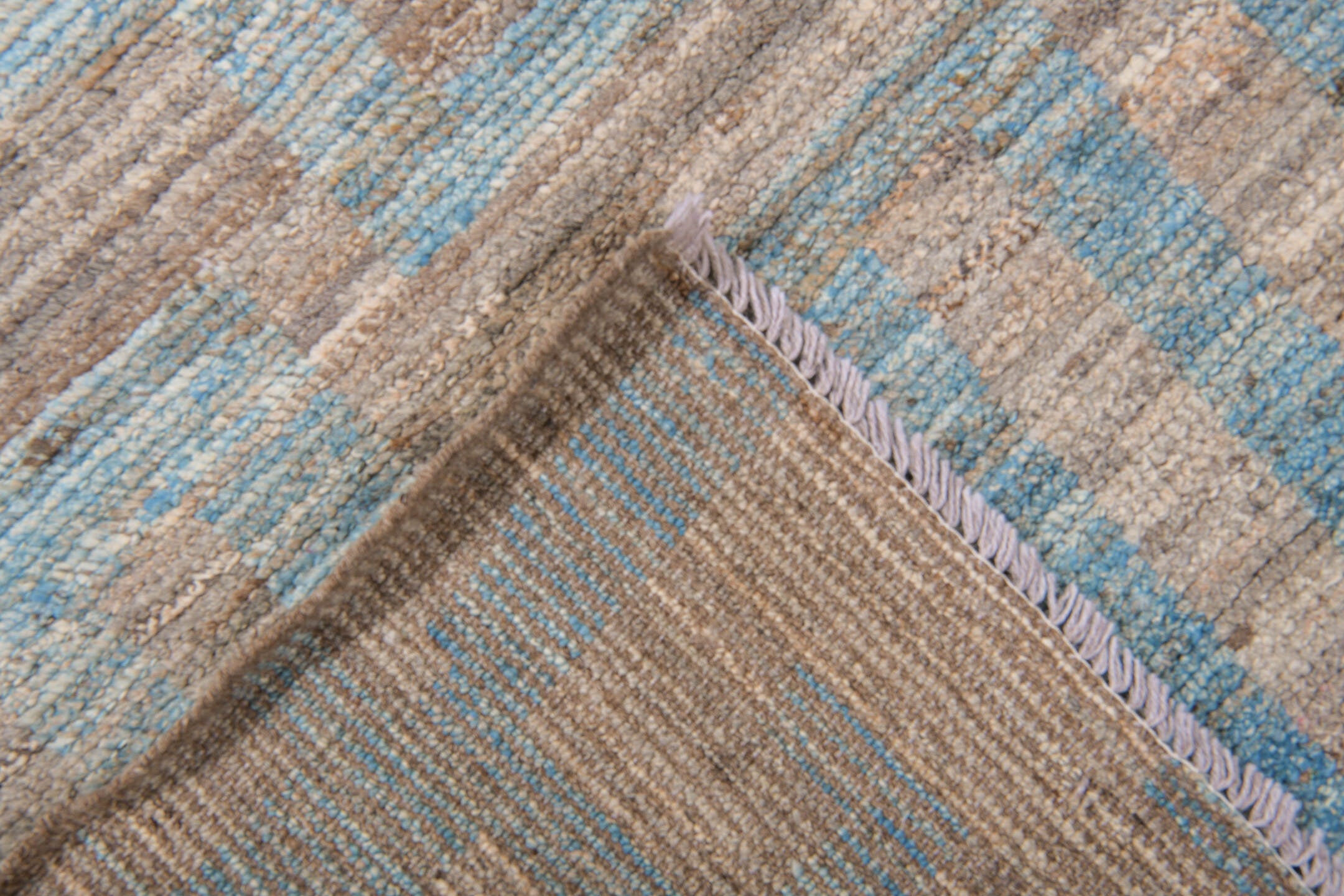 9' x 12' one-of-a-kind handmade vintage Tulu large size rug. Color palette: taupe, sky blue, gray, ivory, beige, light blue