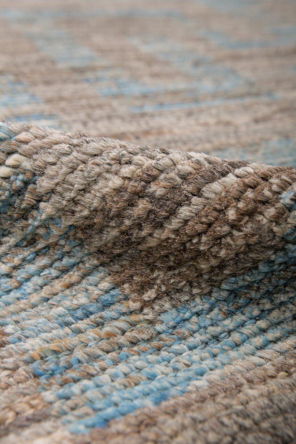 9' x 12' one-of-a-kind handmade vintage Tulu large size rug. Color palette: taupe, sky blue, gray, ivory, beige, light blue