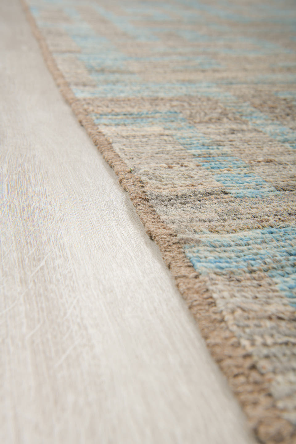 9' x 12' one-of-a-kind handmade vintage Tulu large size rug. Color palette: taupe, sky blue, gray, ivory, beige, light blue