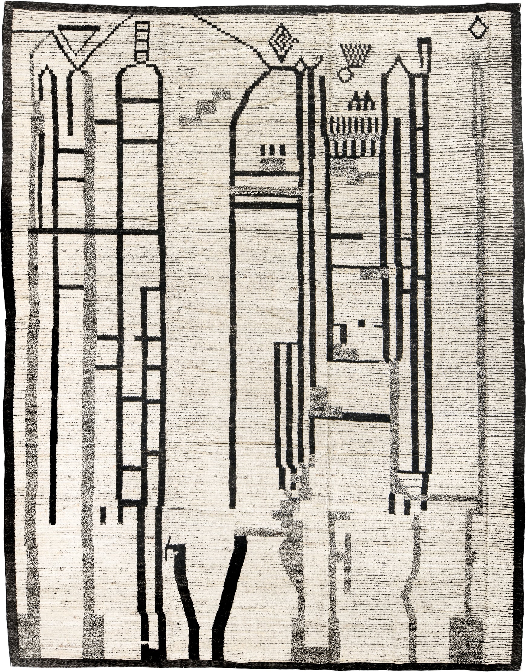 10' x 13' one-of-a-kind handmade vintage Tulu large size rug. Color palette: ivory, charcoal, gray, black