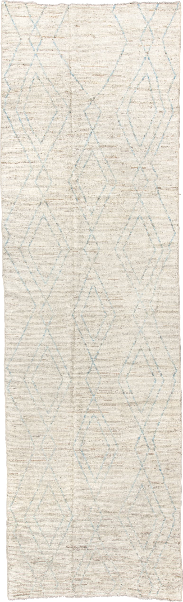 5' x 18' one-of-a-kind handmade vintage Tulu rug. Color palette: ivory, sky blue, beige, cream, taupe, light blue, gray