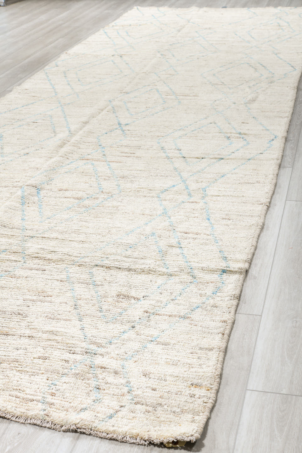 5' x 18' one-of-a-kind handmade vintage Tulu rug. Color palette: ivory, sky blue, beige, cream, taupe, light blue, gray