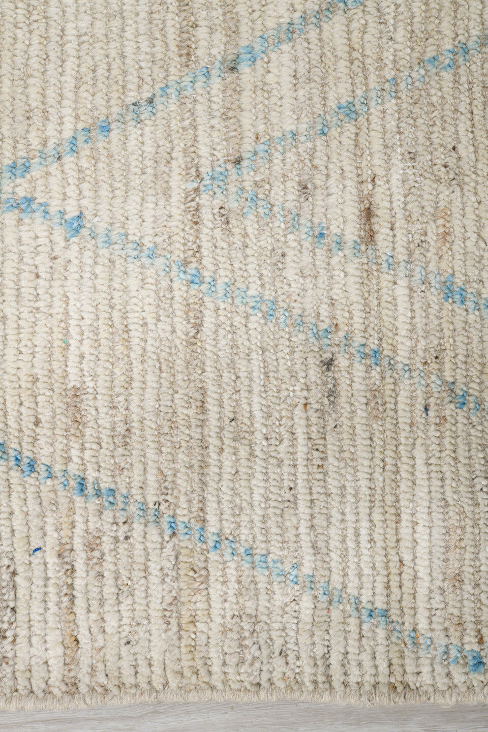 5' x 18' one-of-a-kind handmade vintage Tulu rug. Color palette: ivory, sky blue, beige, cream, taupe, light blue, gray