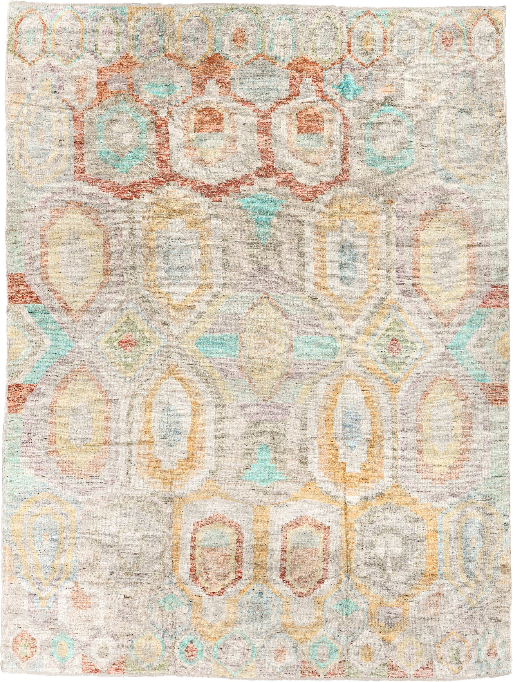 10' x 13' one-of-a-kind handmade vintage Tulu large size rug. Color palette: ivory, aqua, pale yellow, rust, lavender, taupe