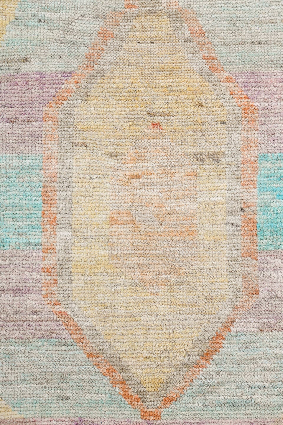 10' x 13' one-of-a-kind handmade vintage Tulu large size rug. Color palette: ivory, aqua, pale yellow, rust, lavender, taupe