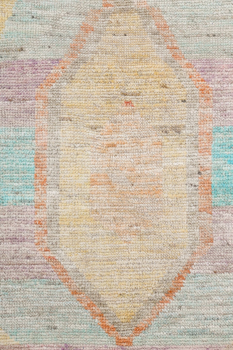 10' x 13' one-of-a-kind handmade vintage Tulu large size rug. Color palette: ivory, aqua, pale yellow, rust, lavender, taupe