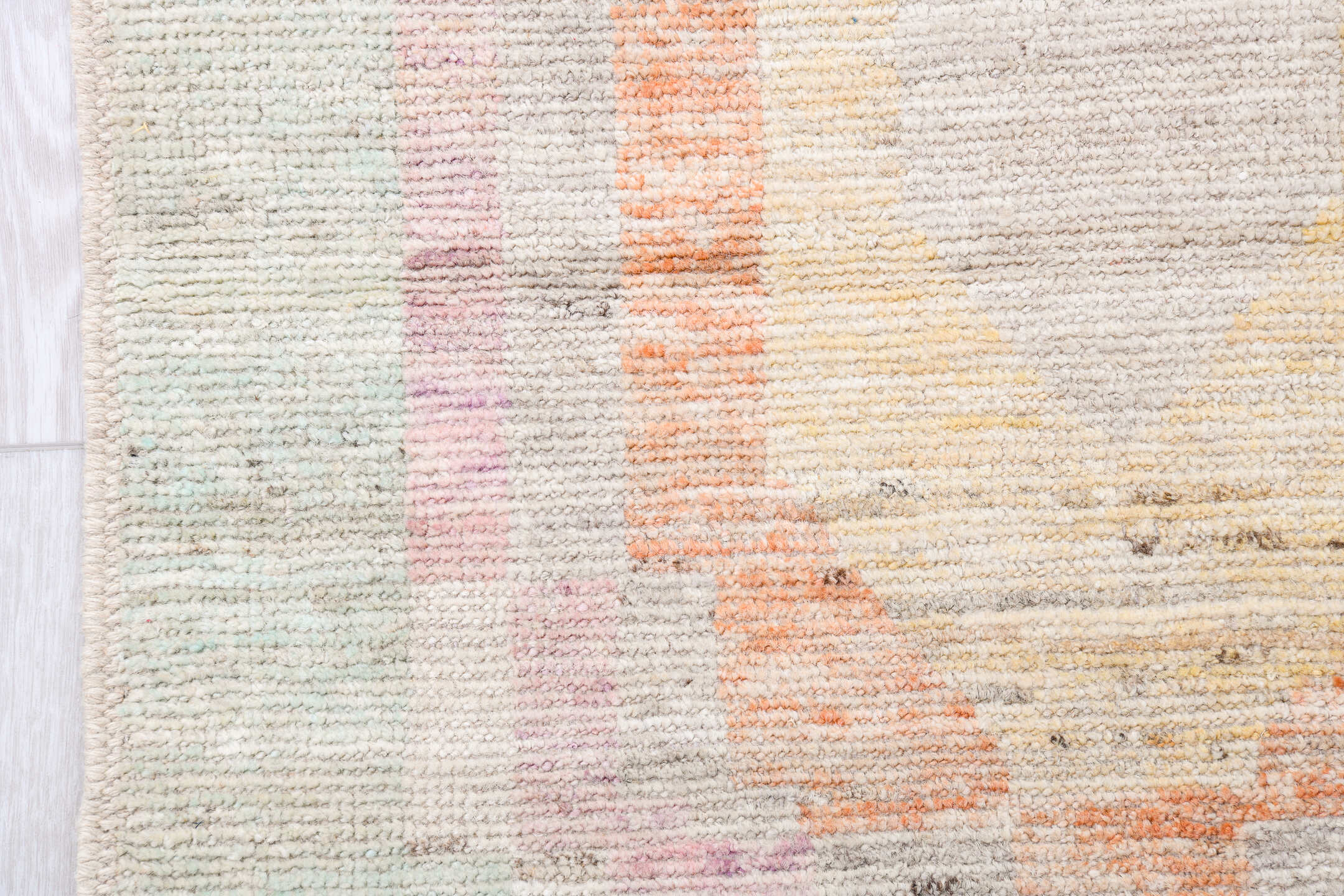 10' x 13' one-of-a-kind handmade vintage Tulu large size rug. Color palette: ivory, aqua, pale yellow, rust, lavender, taupe