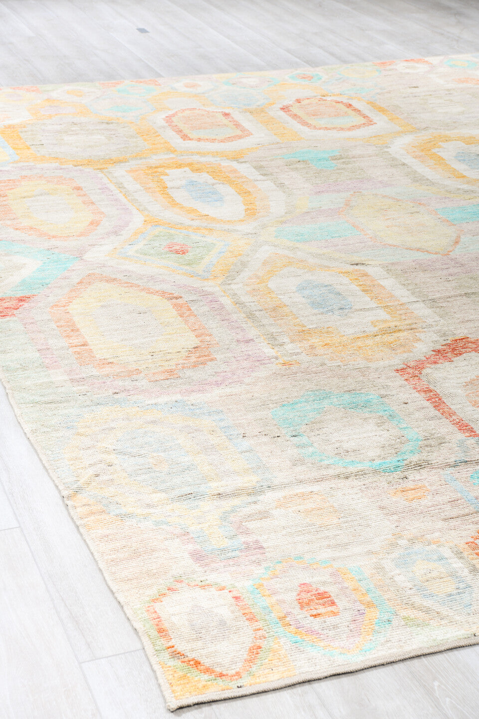 10' x 13' one-of-a-kind handmade vintage Tulu large size rug. Color palette: ivory, aqua, pale yellow, rust, lavender, taupe