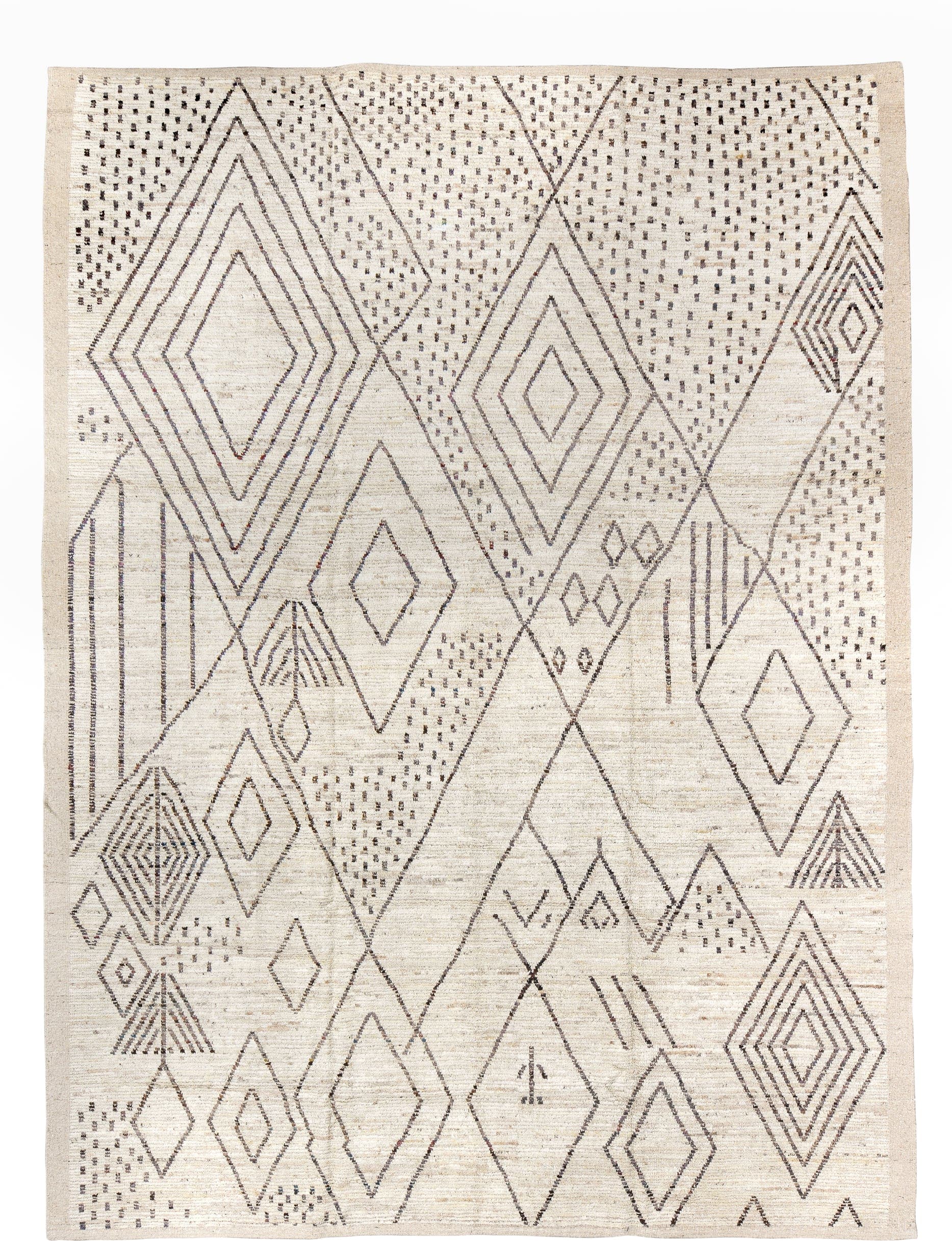 10' x 14' one-of-a-kind handmade vintage Tulu large size rug. Color palette: ivory, taupe, charcoal, brown, beige, gray